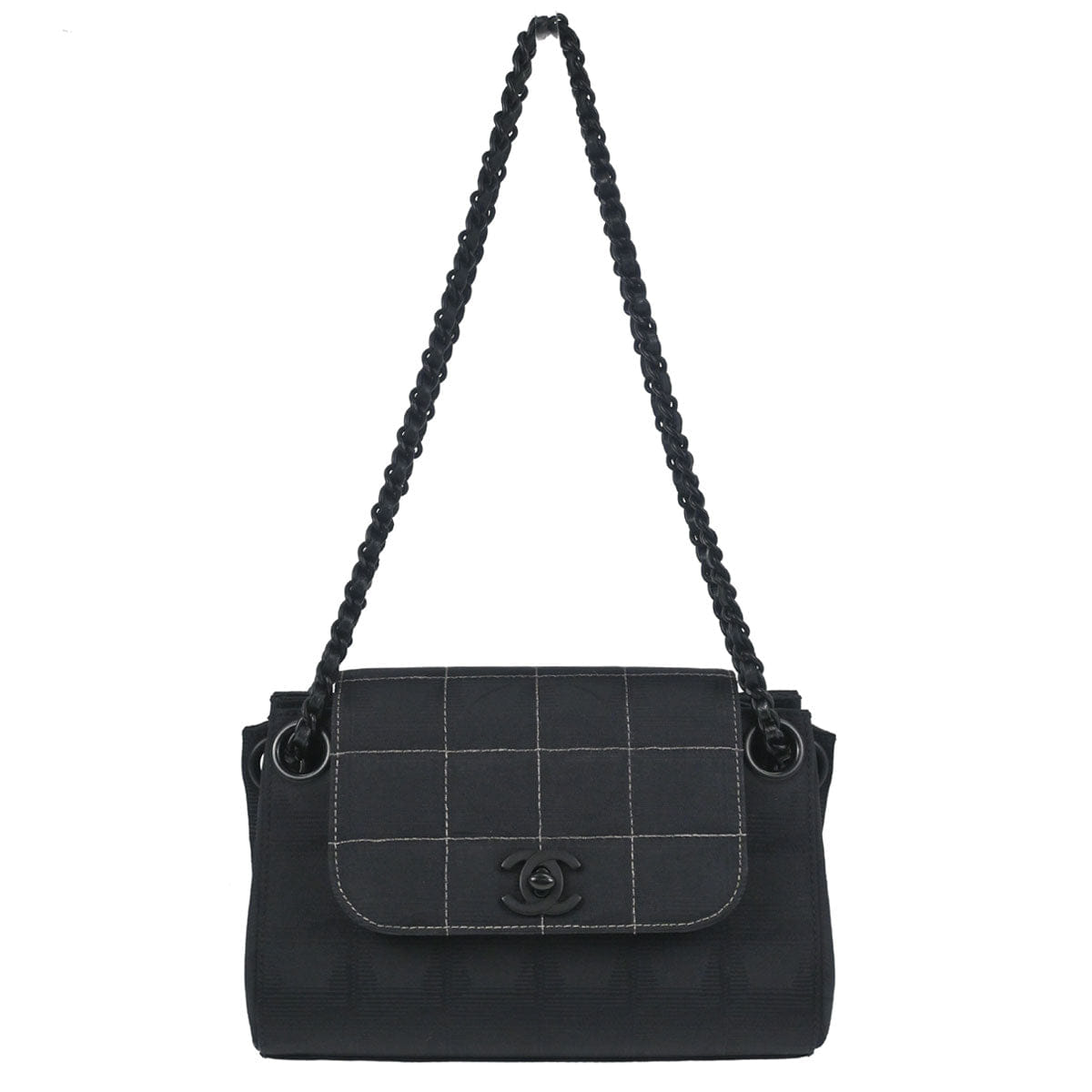 Chanel 2002 - 2003 Black Jacquard Nylon Travel Line Choco Bar Shoulder Bag