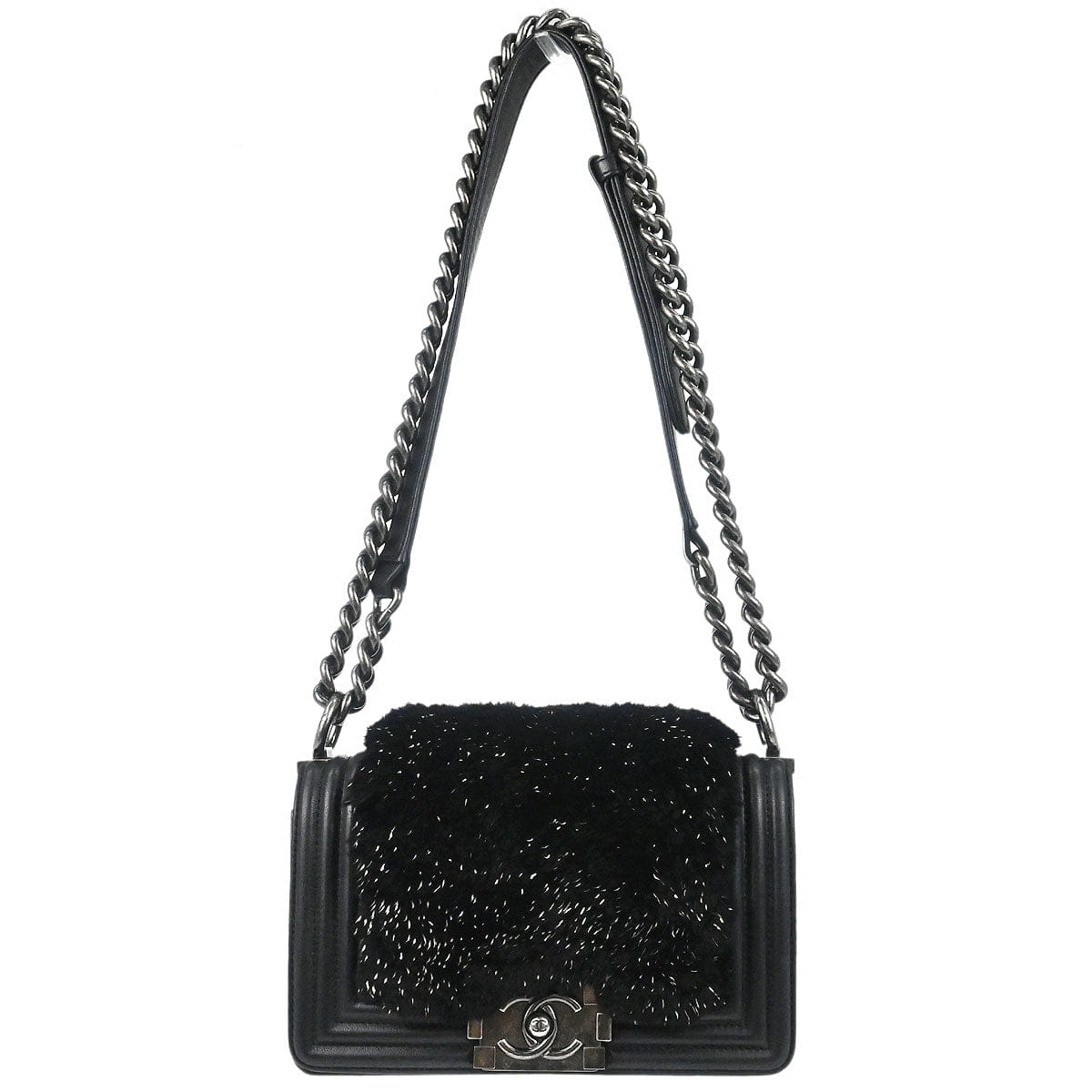 Chanel Boy Chanel 2017 Black Lambskin Lapin Fur Small Chain Shoulder Bag