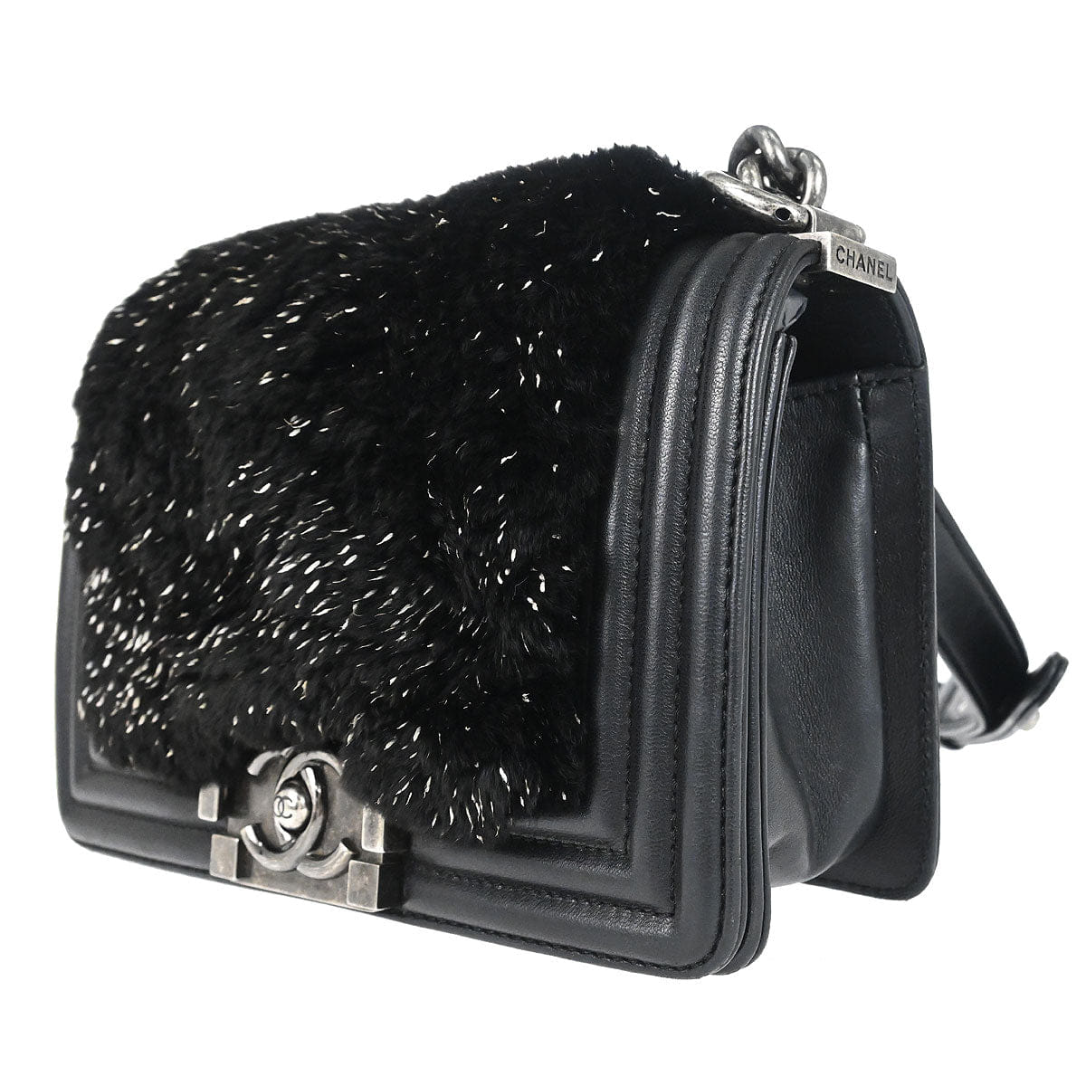Chanel Boy Chanel 2017 Black Lambskin Lapin Fur Small Chain Shoulder Bag