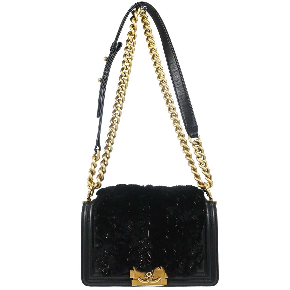 Chanel Boy Chanel 2015 - 2016 Black Lambskin Lapin Fur Small Chain Shoulder Bag