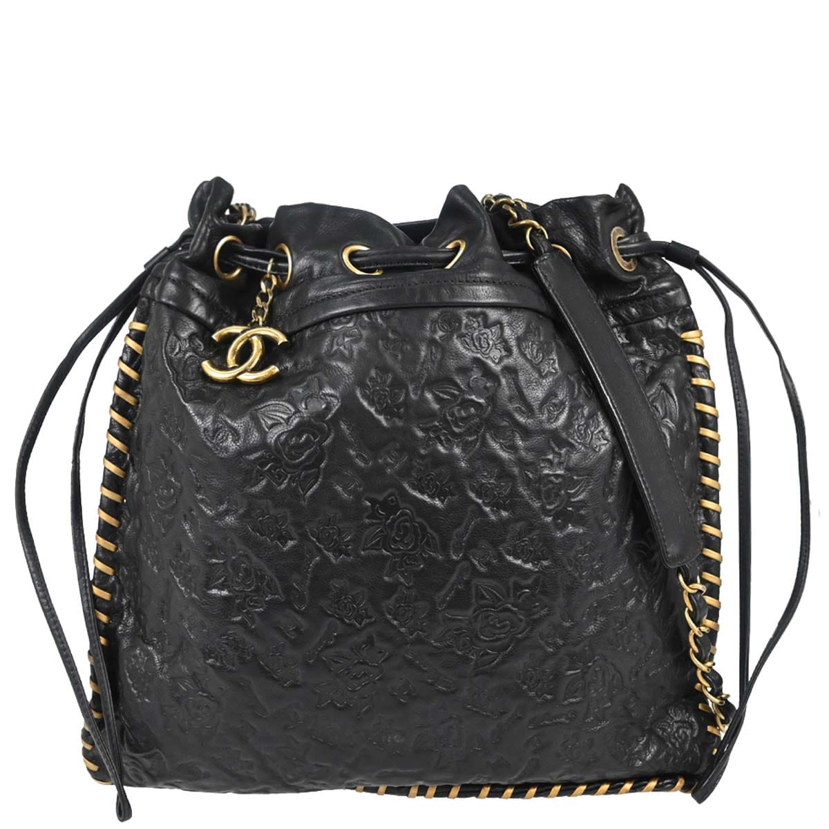 Chanel 2010 - 2011 Black Embossed Calfskin Icon Drawstring Bucket Shoulder Bag