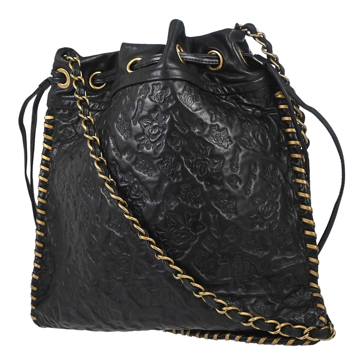 Chanel 2010 - 2011 Black Embossed Calfskin Icon Drawstring Bucket Shoulder Bag