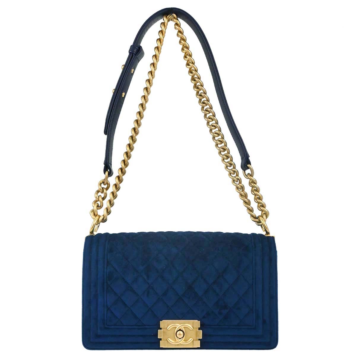 Chanel Boy Chanel 2019 Blue Velvet Medium Double Chain Shoulder Bag