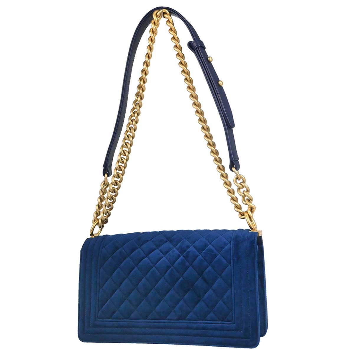 Chanel Boy Chanel 2019 Blue Velvet Medium Double Chain Shoulder Bag