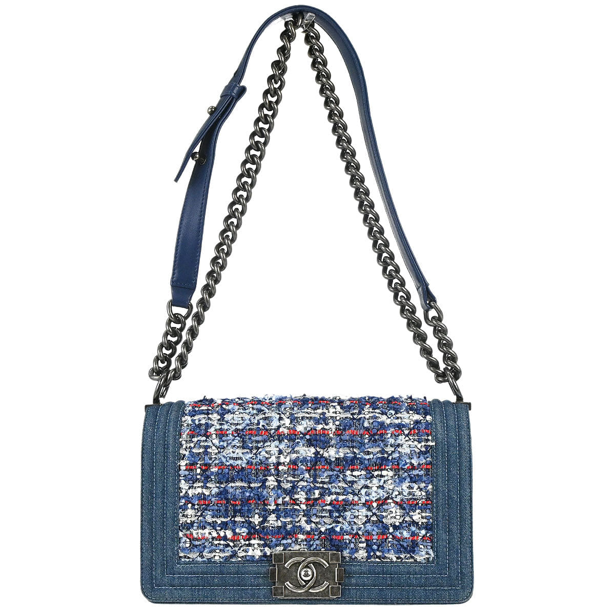 Chanel Boy Chanel 2014 Blue Tweed Denim Medium Double Chain Shoulder Bag