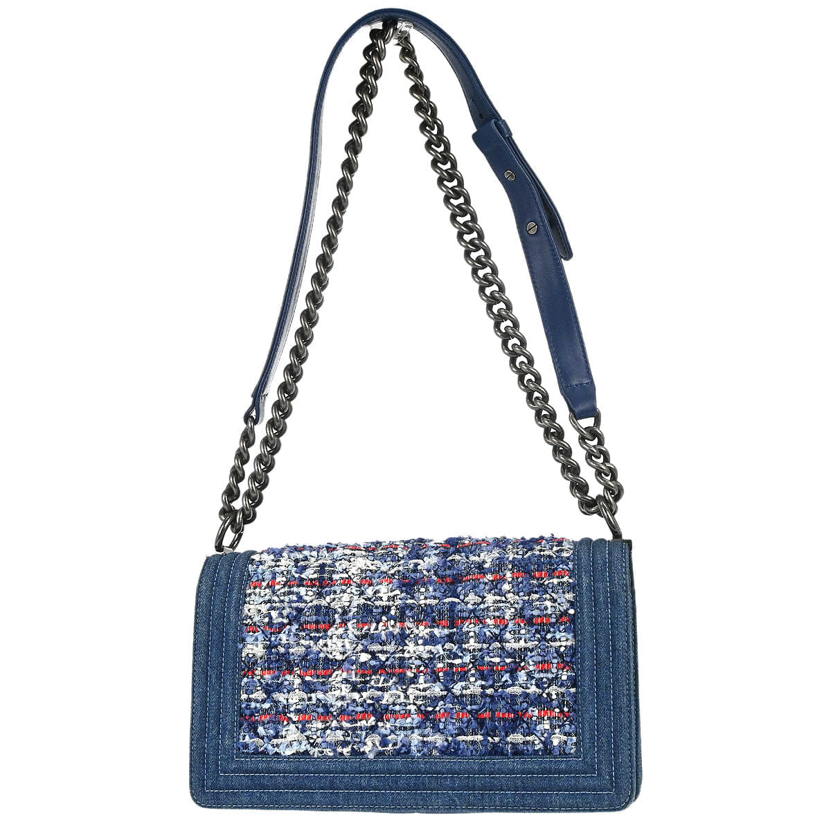 Chanel Boy Chanel 2014 Blue Tweed Denim Medium Double Chain Shoulder Bag