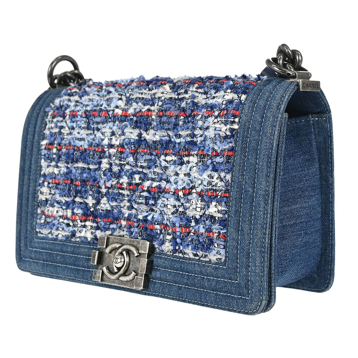 Chanel Boy Chanel 2014 Blue Tweed Denim Medium Double Chain Shoulder Bag