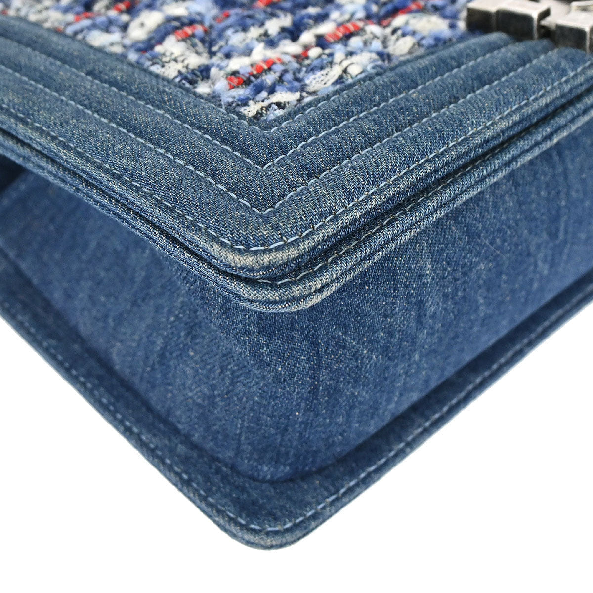 Chanel Boy Chanel 2014 Blue Tweed Denim Medium Double Chain Shoulder Bag