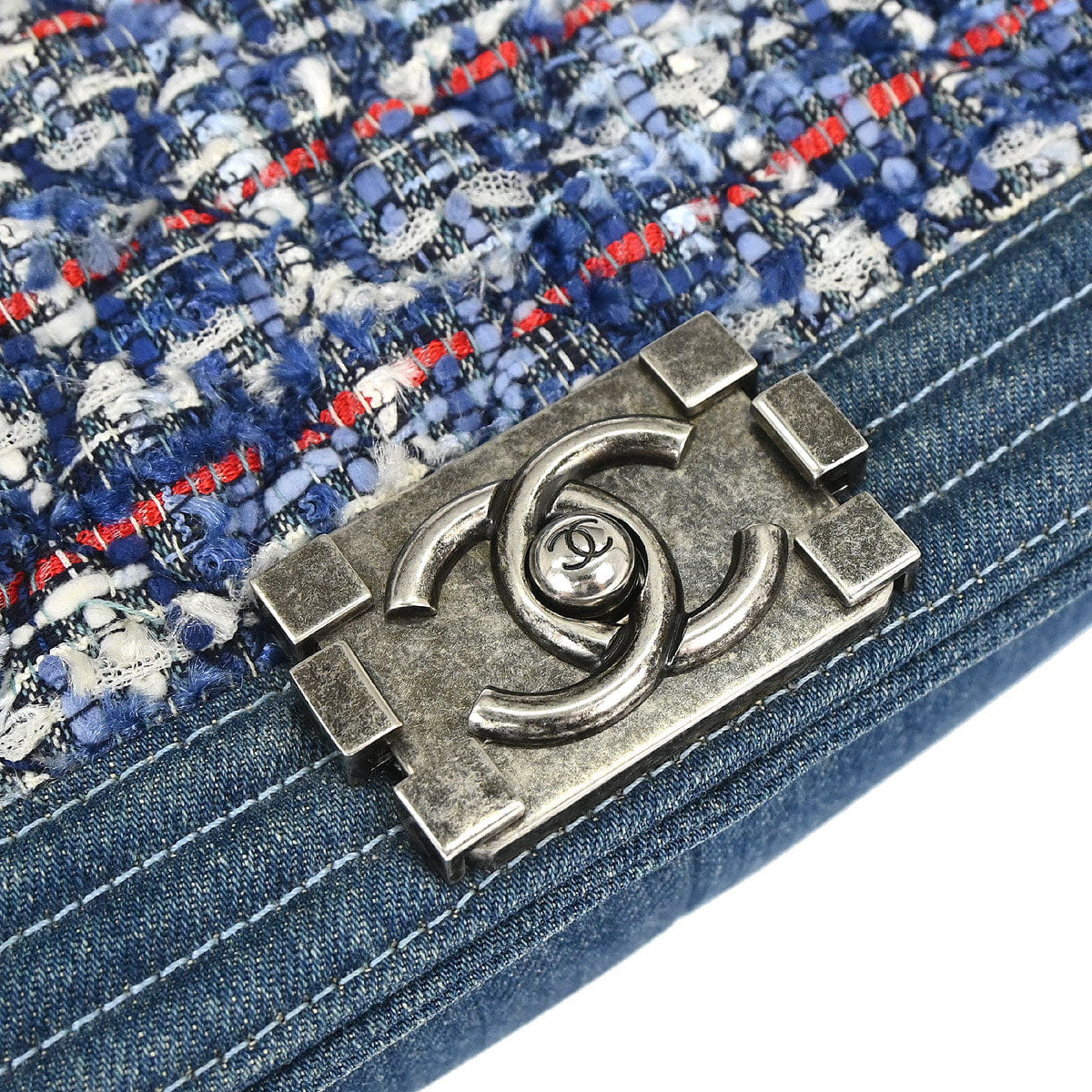 Chanel Boy Chanel 2014 Blue Tweed Denim Medium Double Chain Shoulder Bag