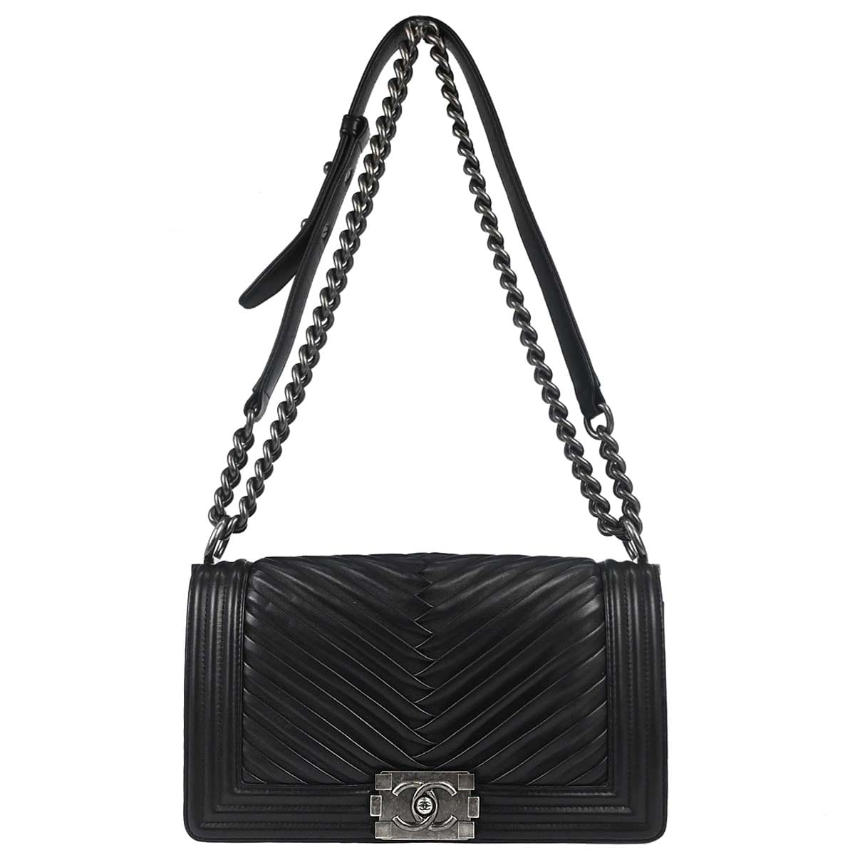 Chanel Boy Chanel 2017 Black Lambskin Chevron Medium Double Chain Shoulder Bag