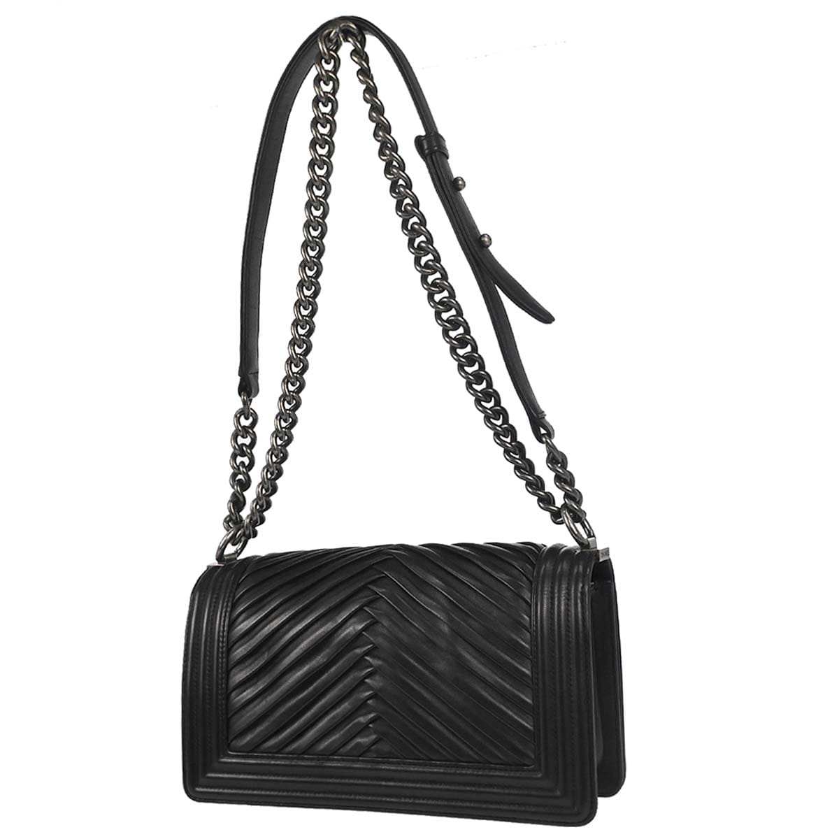 Chanel Boy Chanel 2017 Black Lambskin Chevron Medium Double Chain Shoulder Bag