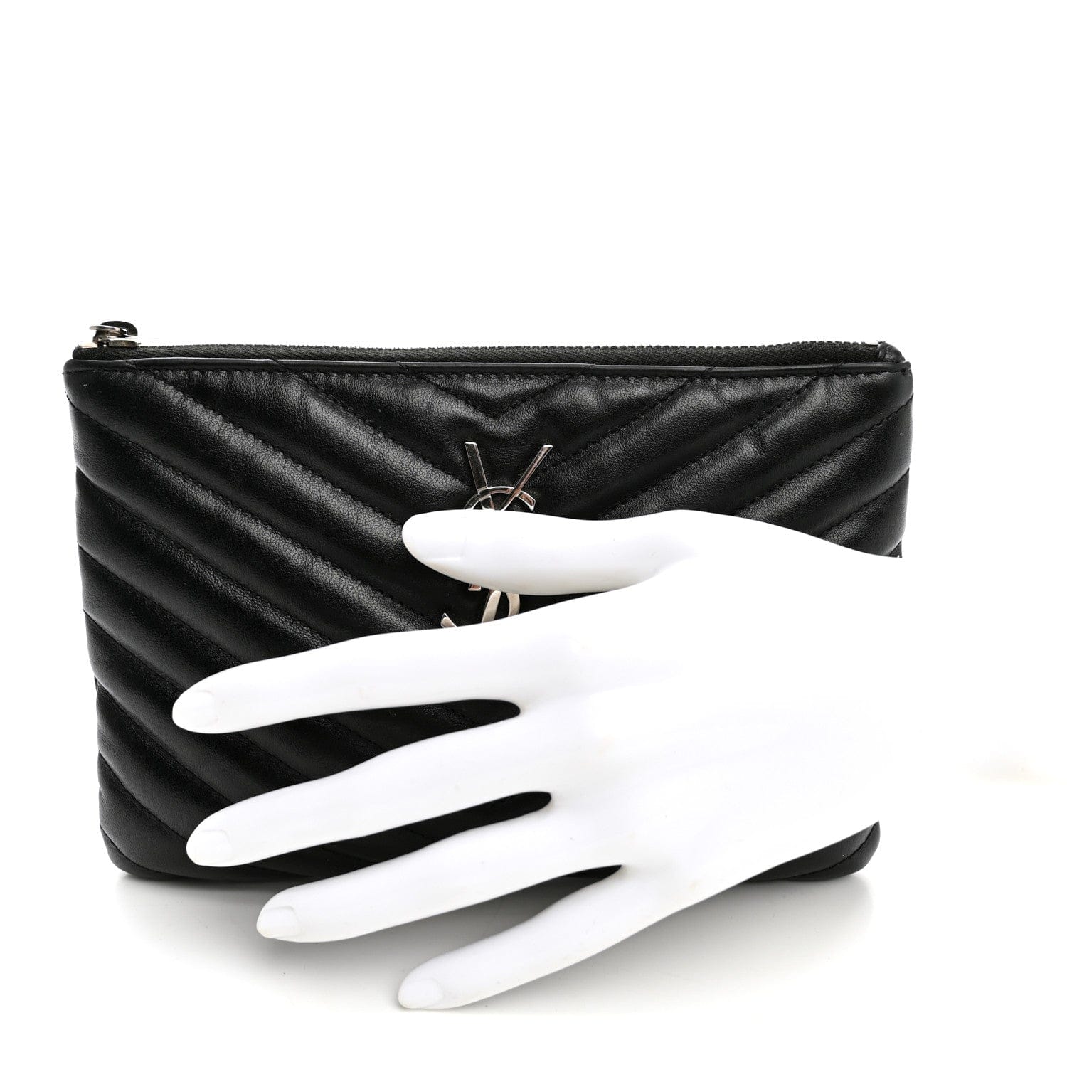 Saint Laurent Calfskin Matelasse Chevron Monogram Pouch Black