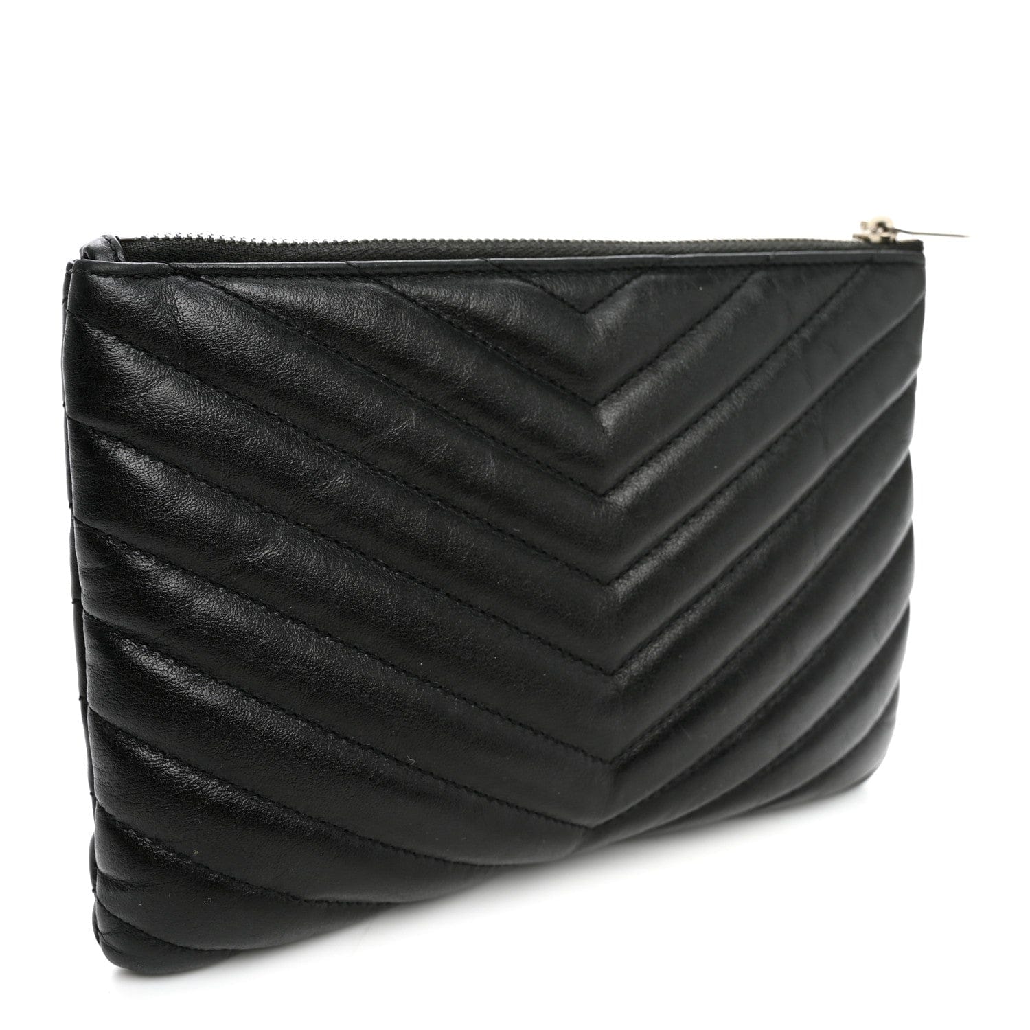 Saint Laurent Calfskin Matelasse Chevron Monogram Pouch Black