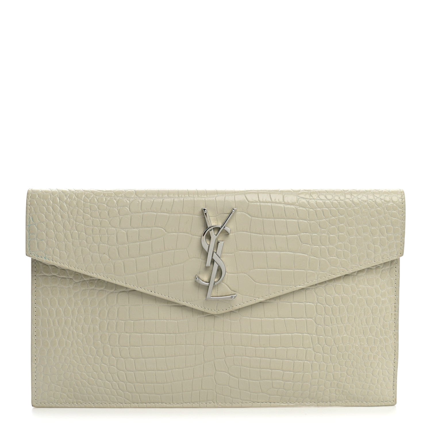 Saint Laurent Calfskin Crocodile Embossed Uptown Monogram Pouch Crema Soft