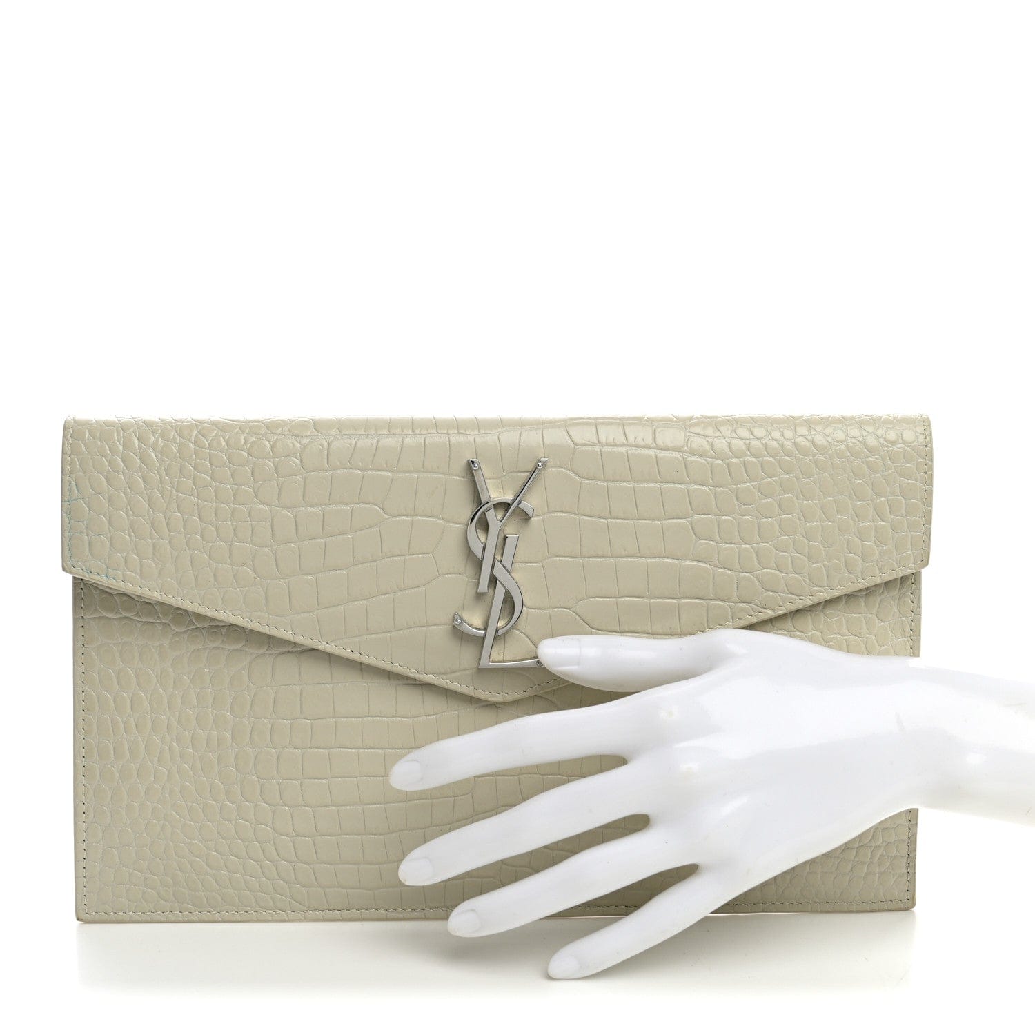 Saint Laurent Calfskin Crocodile Embossed Uptown Monogram Pouch Crema Soft