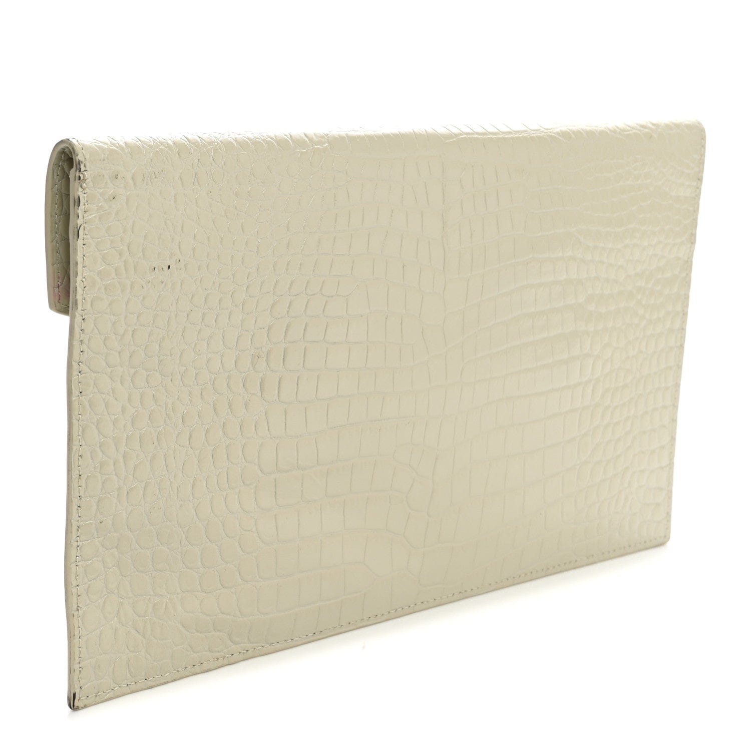 Saint Laurent Calfskin Crocodile Embossed Uptown Monogram Pouch Crema Soft