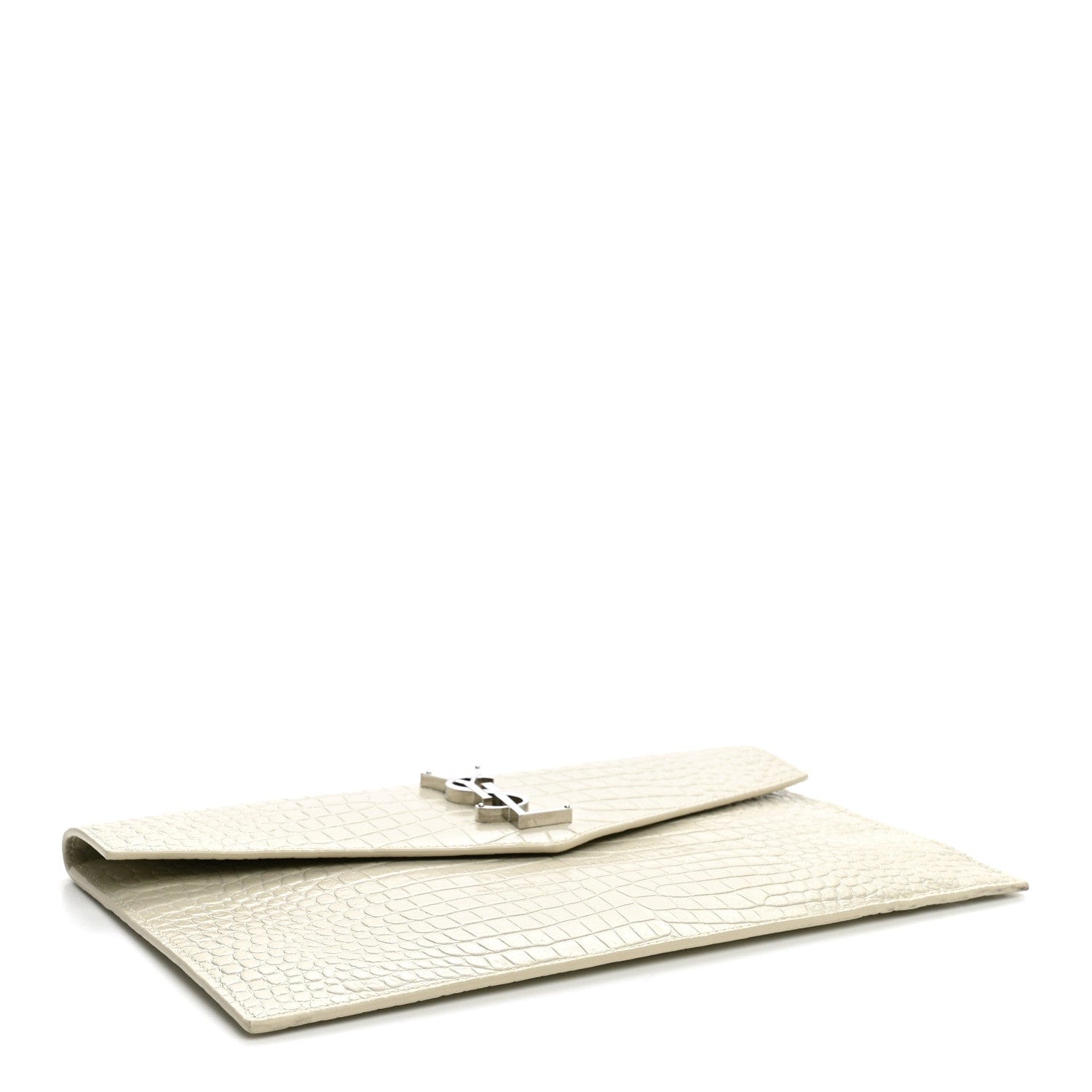 Saint Laurent Calfskin Crocodile Embossed Uptown Monogram Pouch Crema Soft