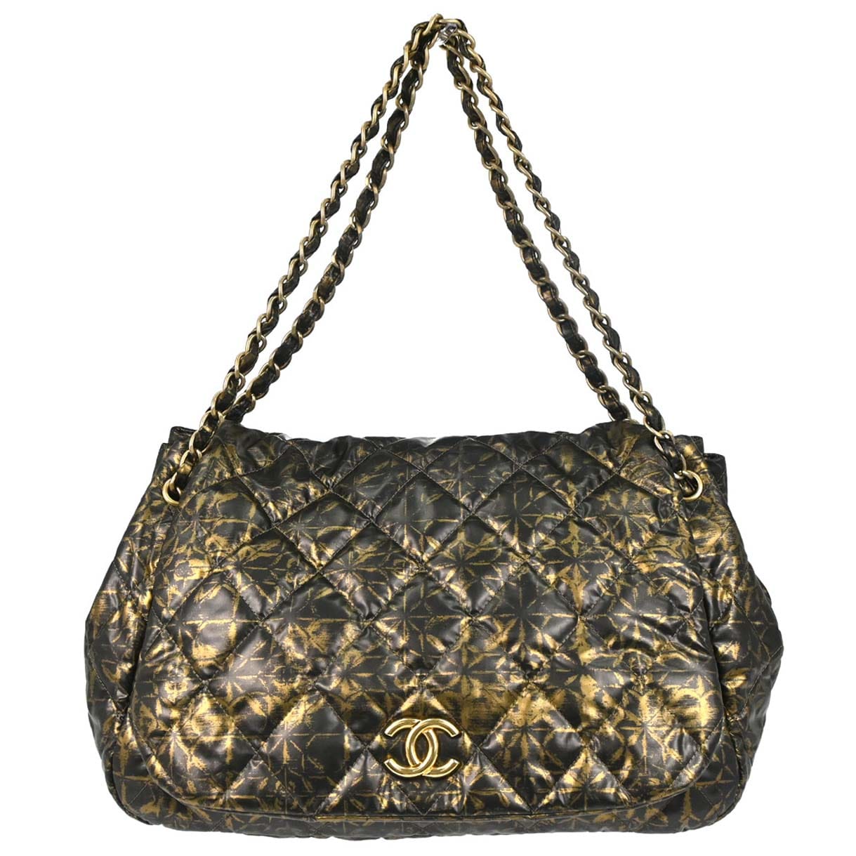 Chanel 2009 - 2010 Black Gold Printed Nylon Accordion Flap Bag