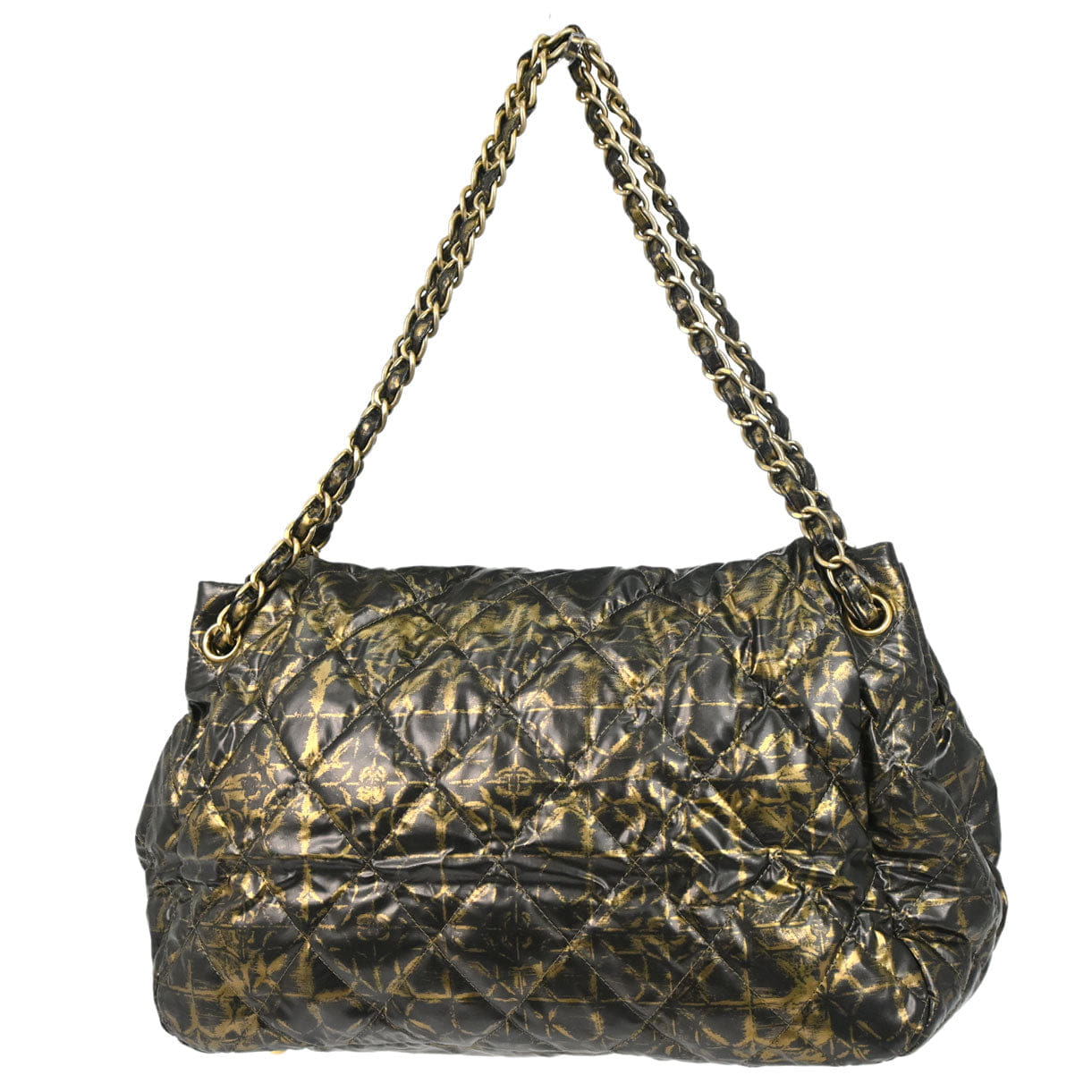 Chanel 2009 - 2010 Black Gold Printed Nylon Accordion Flap Bag