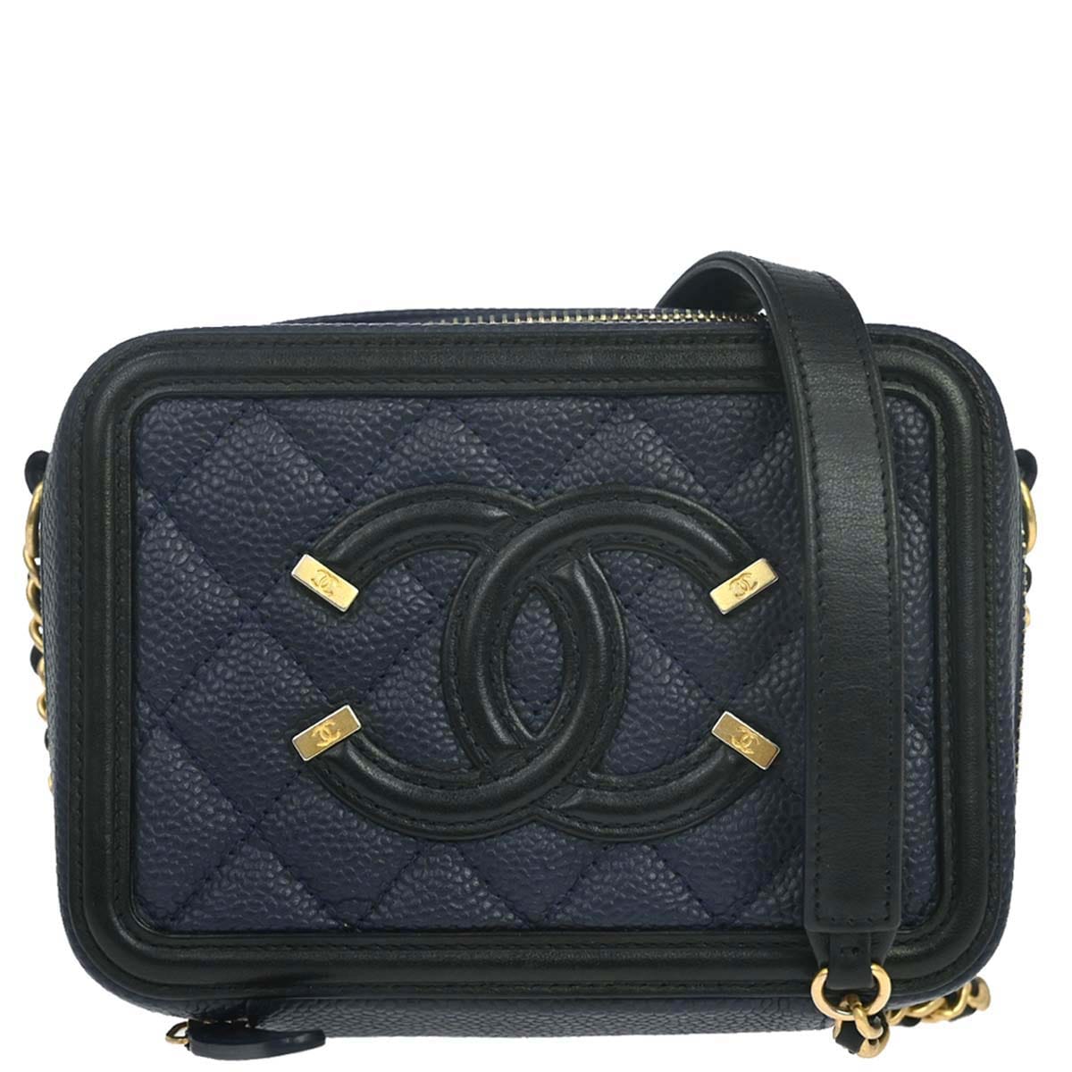 Chanel 2018 - 2019 Navy Caviar Skin Filigree Vanity Shoulder Bag