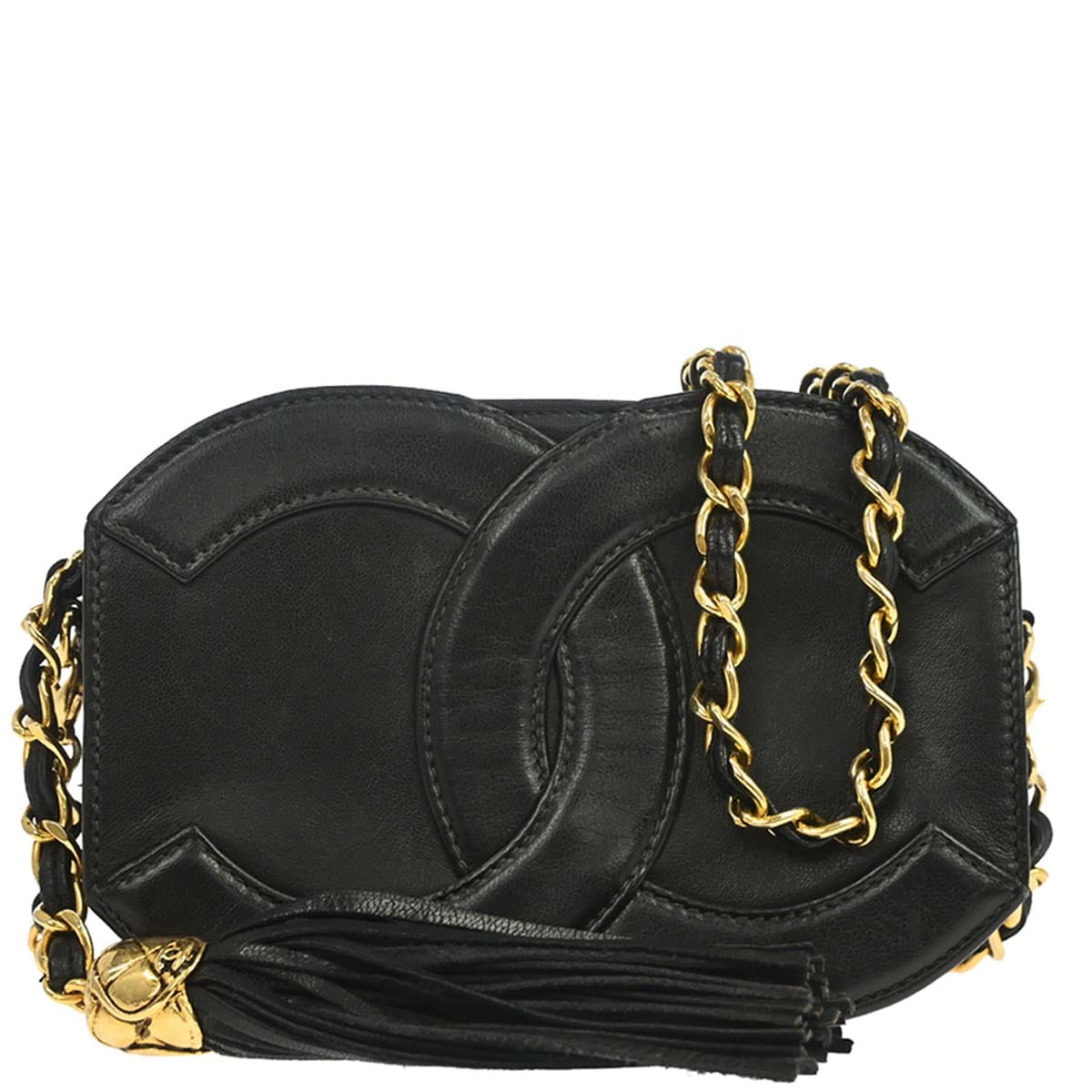 Chanel 1989 - 1991 Black Lambskin Jumbo CC Tassel Single Chain Shoulder Bag