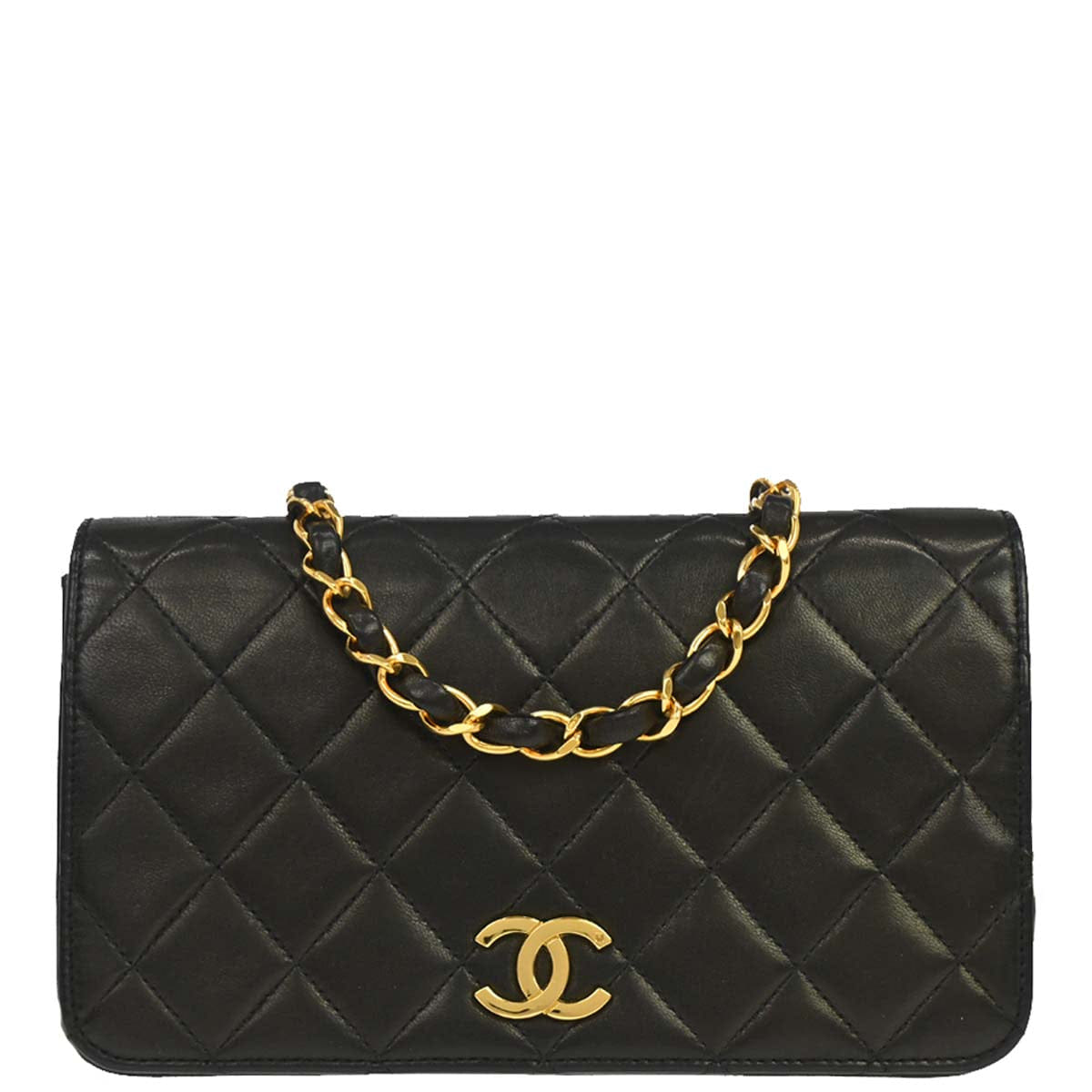 Chanel 1991 - 1994 Black Lambskin Pushlock Mini Full Flap Shoulder Bag