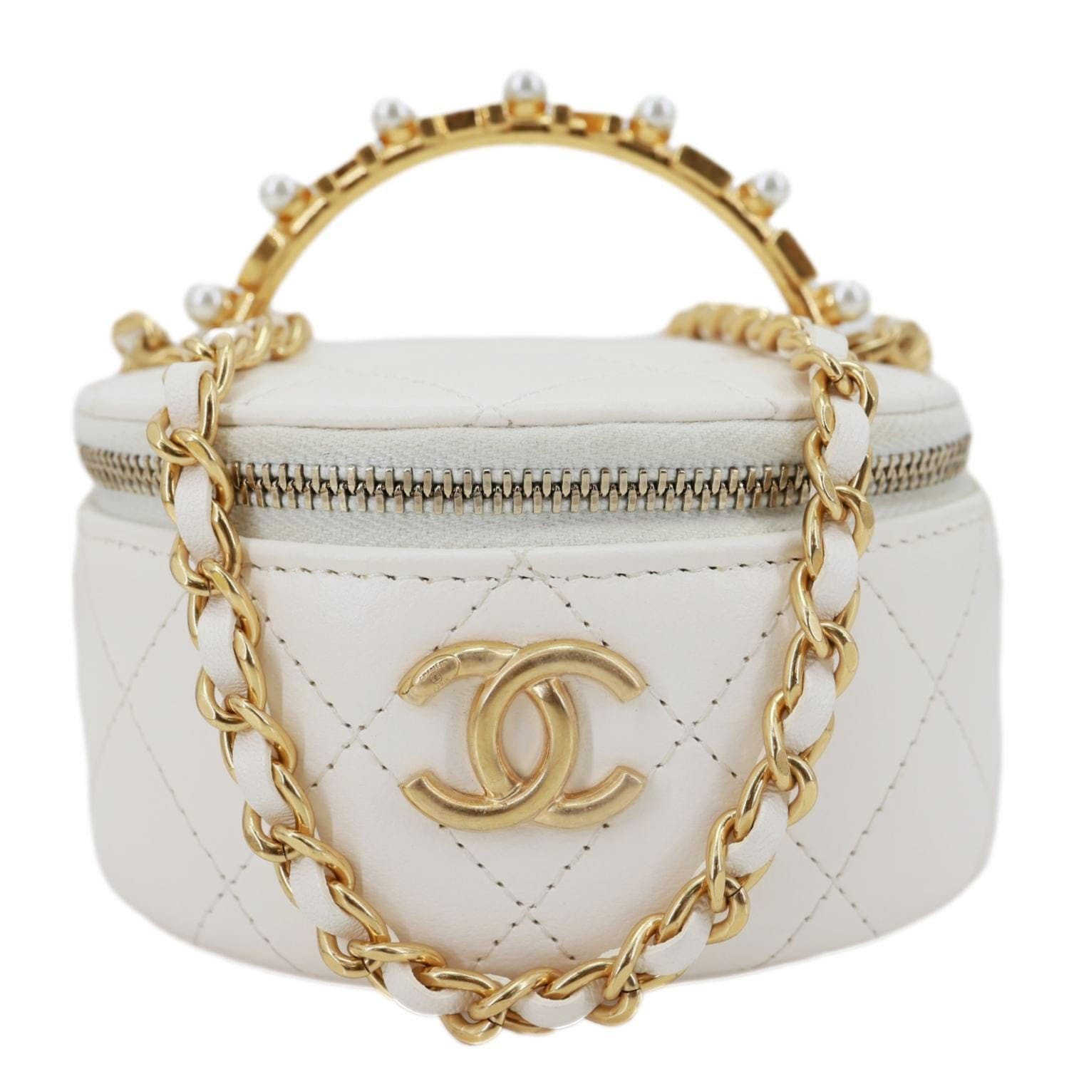 CHANEL Pearly Girl Round Quilted Lambskin Leather Top Handle Vanity Case With Chain White