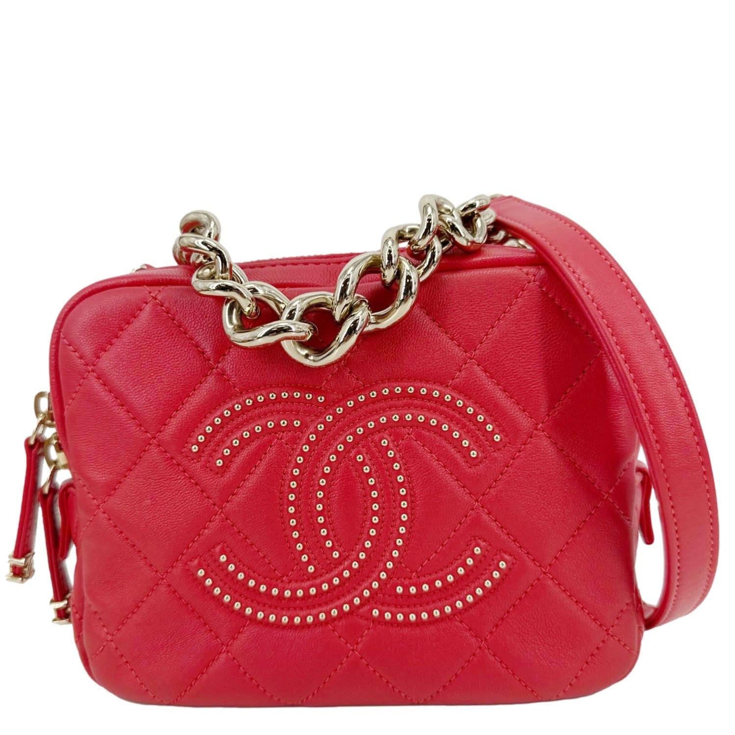 Chanel Studded Beauty Begins Quilted Lambskin Leather Camera Case Red