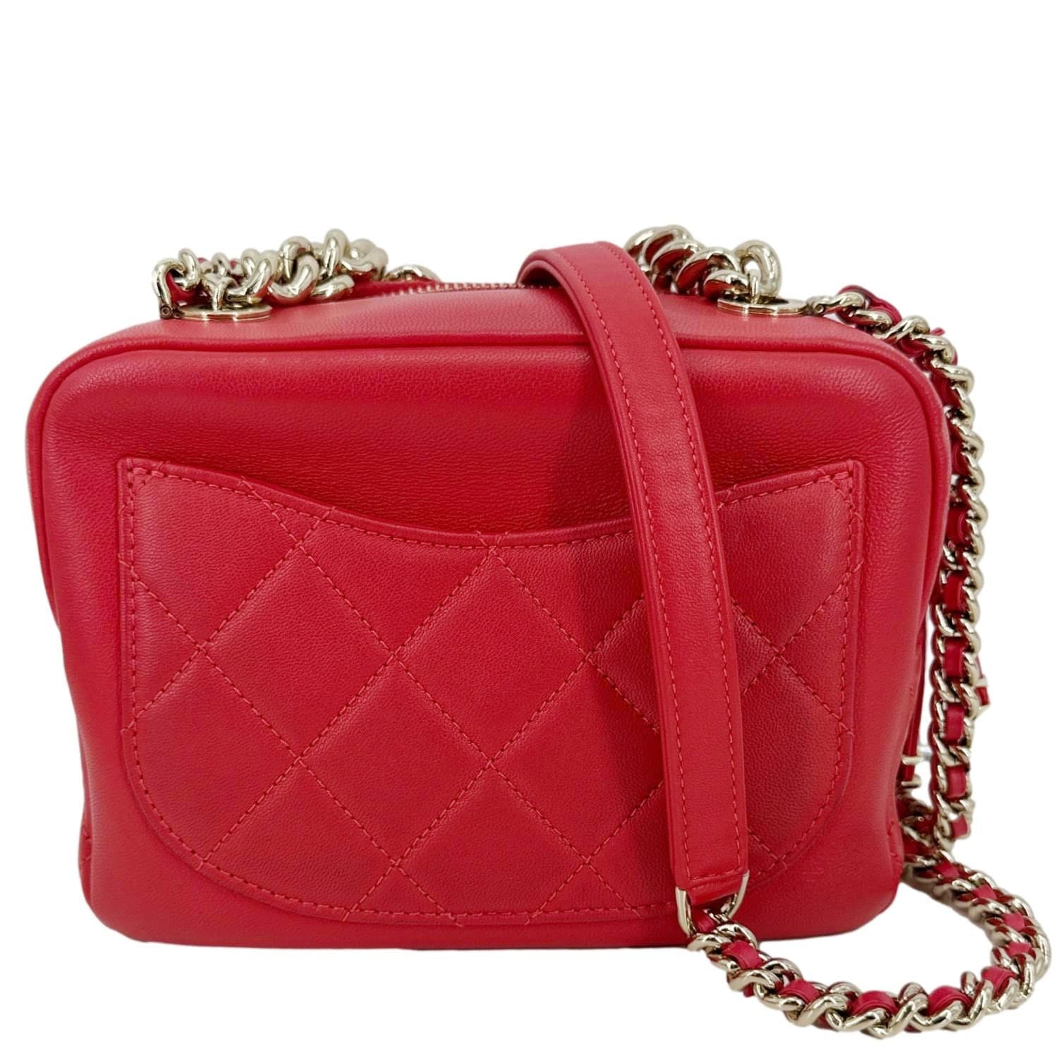 Chanel Studded Beauty Begins Quilted Lambskin Leather Camera Case Red