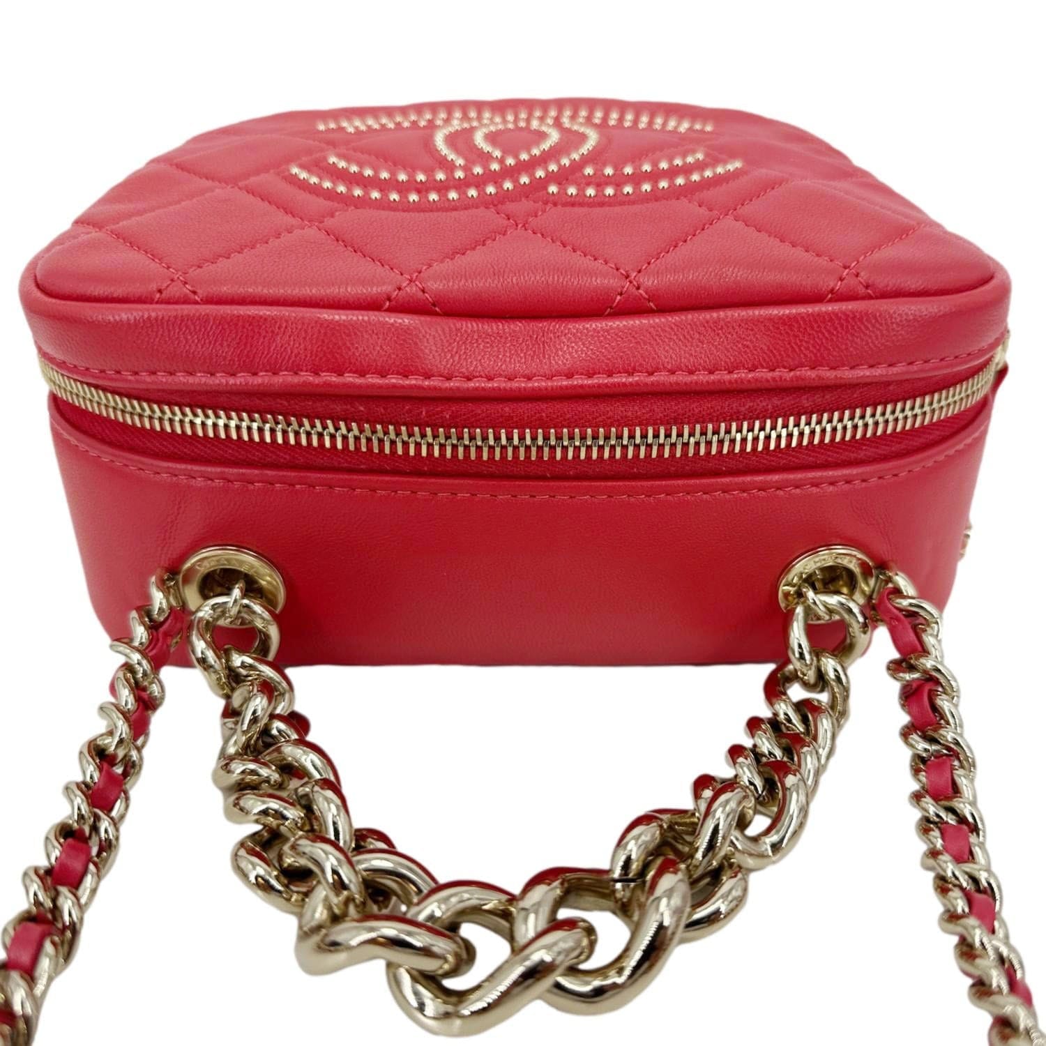 Chanel Studded Beauty Begins Quilted Lambskin Leather Camera Case Red