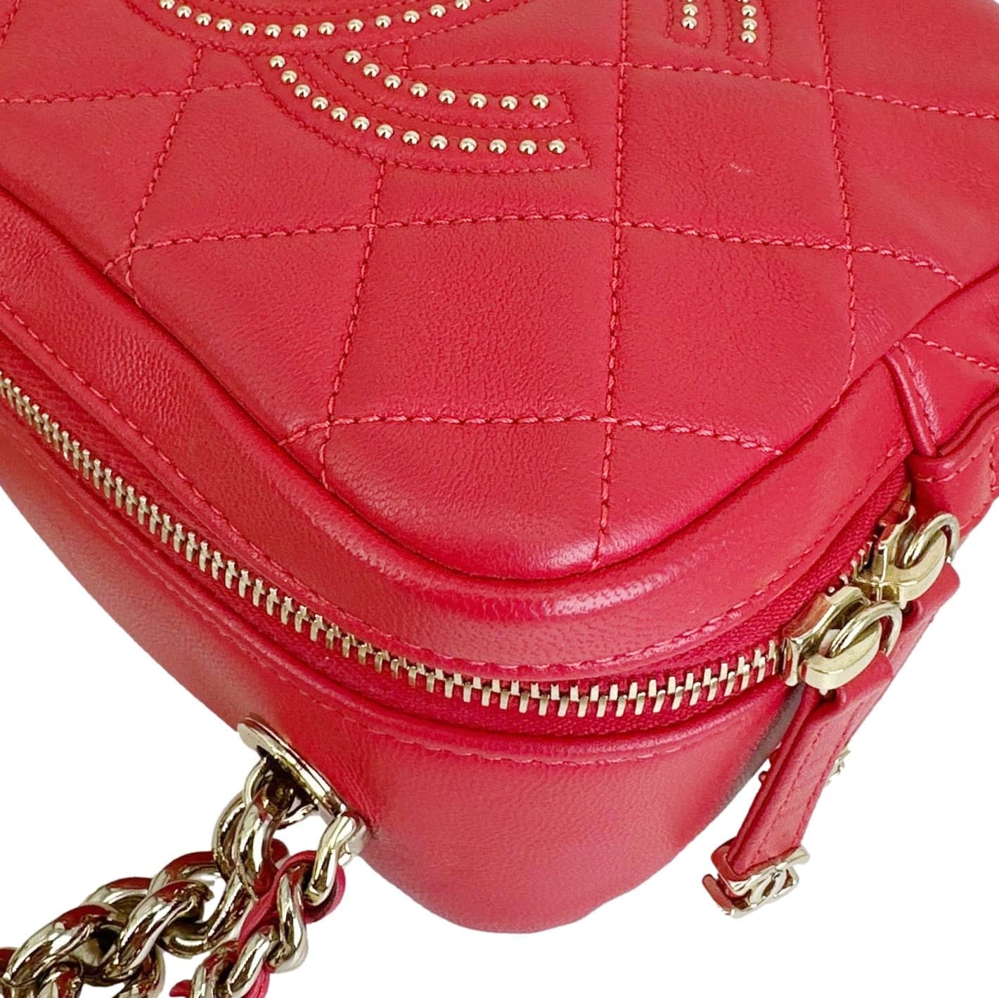 Chanel Studded Beauty Begins Quilted Lambskin Leather Camera Case Red