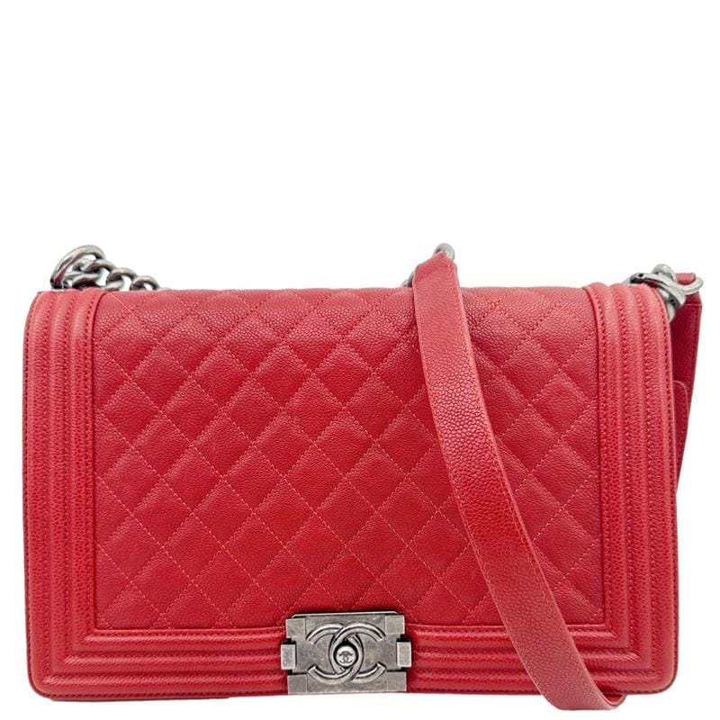 CHANEL Boy Flap New Medium Quilted Caviar Leather Chain Shoulder Bag Red