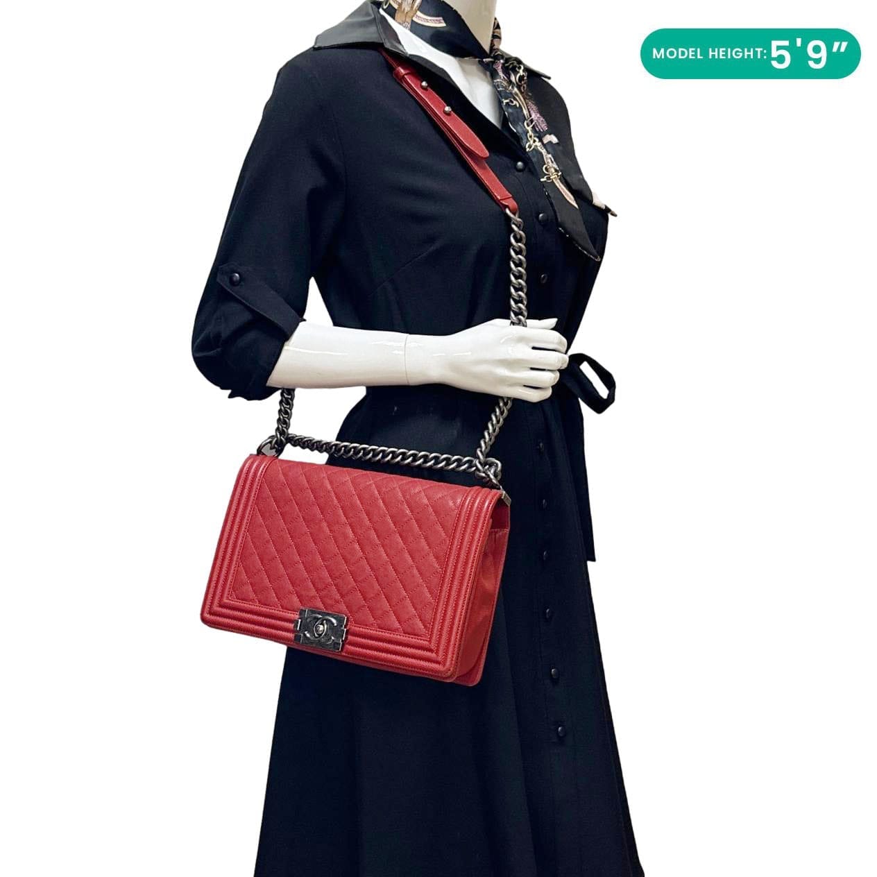 CHANEL Boy Flap New Medium Quilted Caviar Leather Chain Shoulder Bag Red