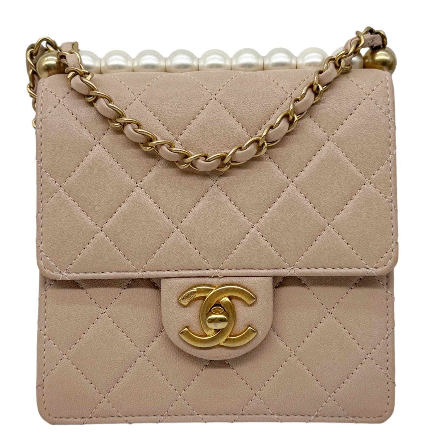 CHANEL Chic Pearls Flap Quilted Lambskin Leather Shoulder Bag Pink