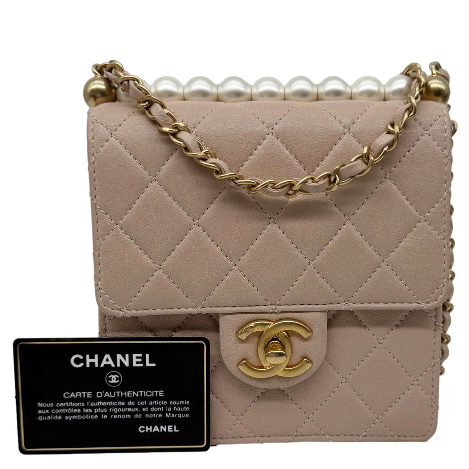 CHANEL Chic Pearls Flap Quilted Lambskin Leather Shoulder Bag Pink