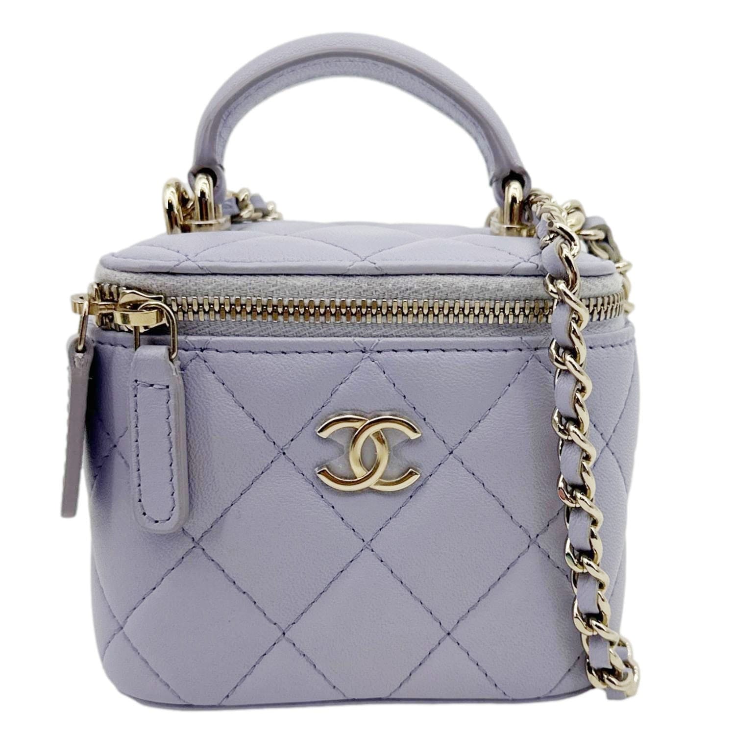 CHANEL Mini Vanity Lambskin Quilted Leather Top Handle Case With Chain Lilac
