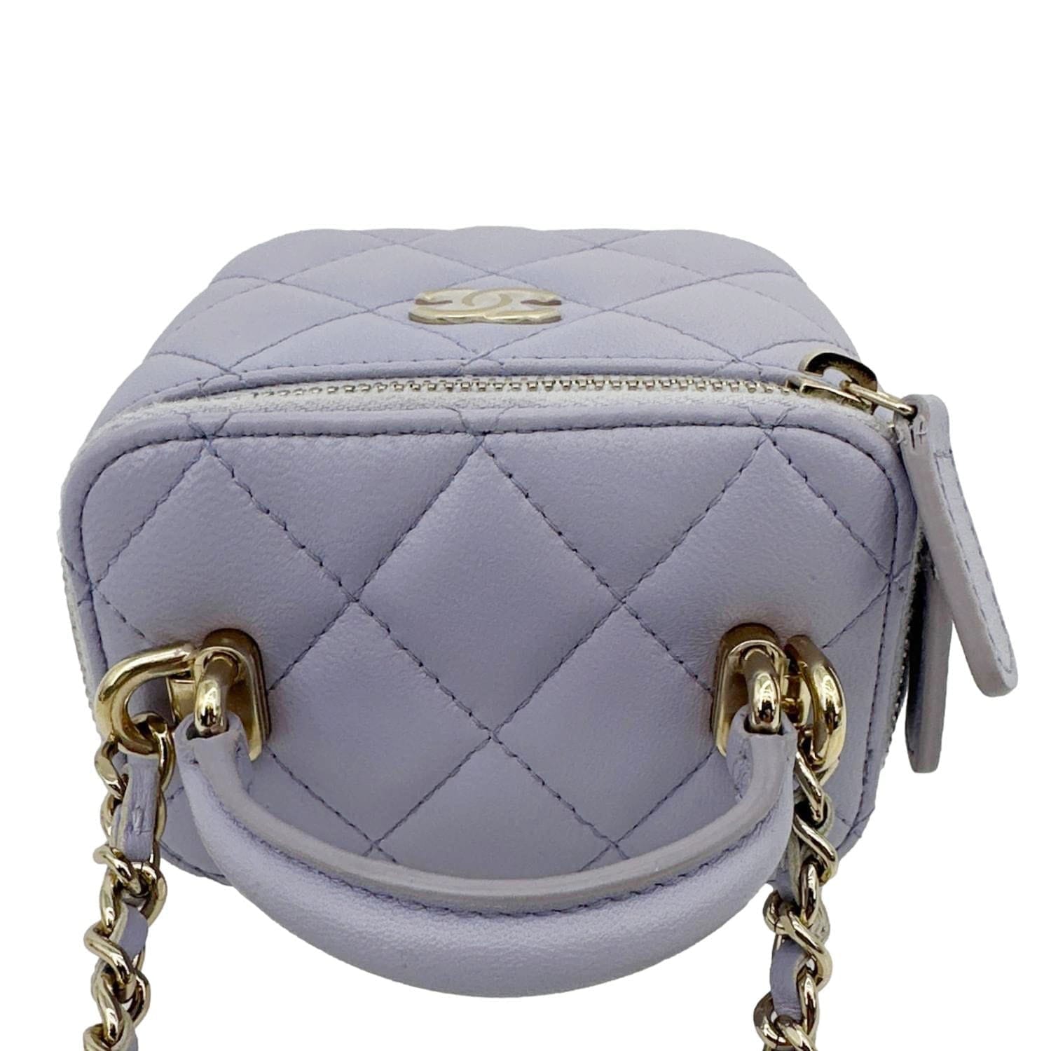 CHANEL Mini Vanity Lambskin Quilted Leather Top Handle Case With Chain Lilac