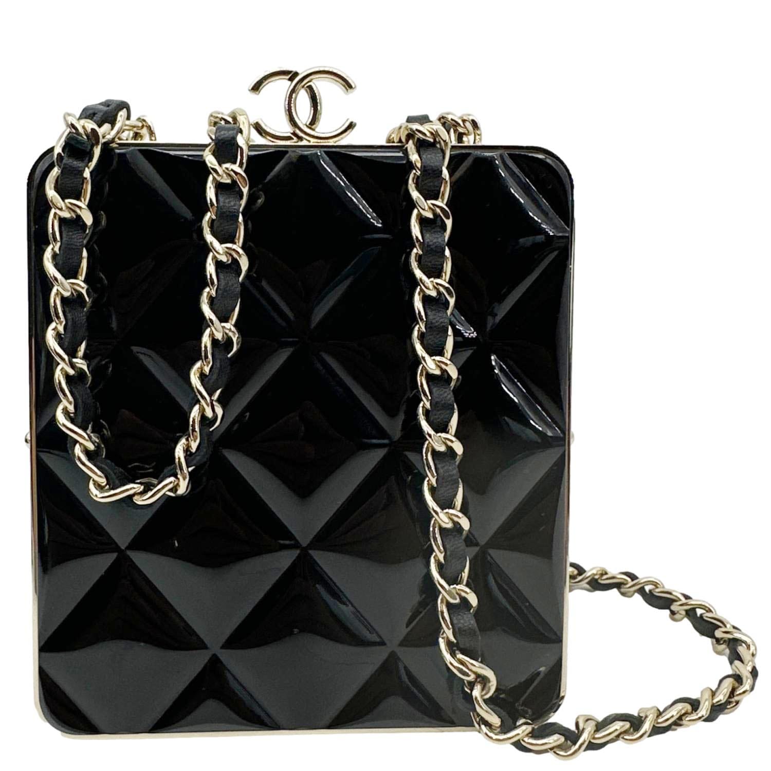CHANEL Kisslock Logo Lambskin Quilted Leather Chain Clutch Shoulder Bag Black
