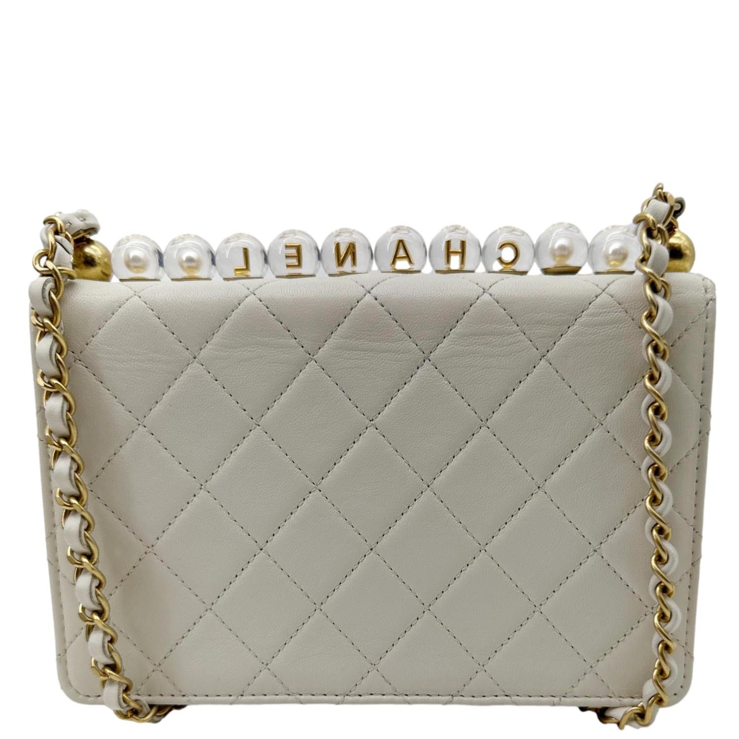 CHANEL Chic Pearls Flap Quilted Leather Shoulder Bag Off White