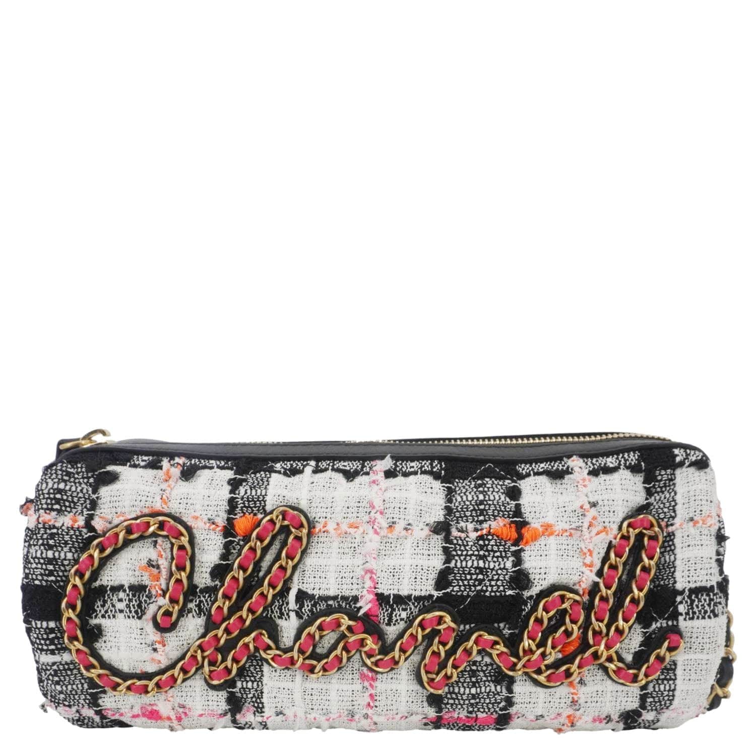 CHANEL Tweed Calfskin Signe Bowling Shoulder Bag Multicolor