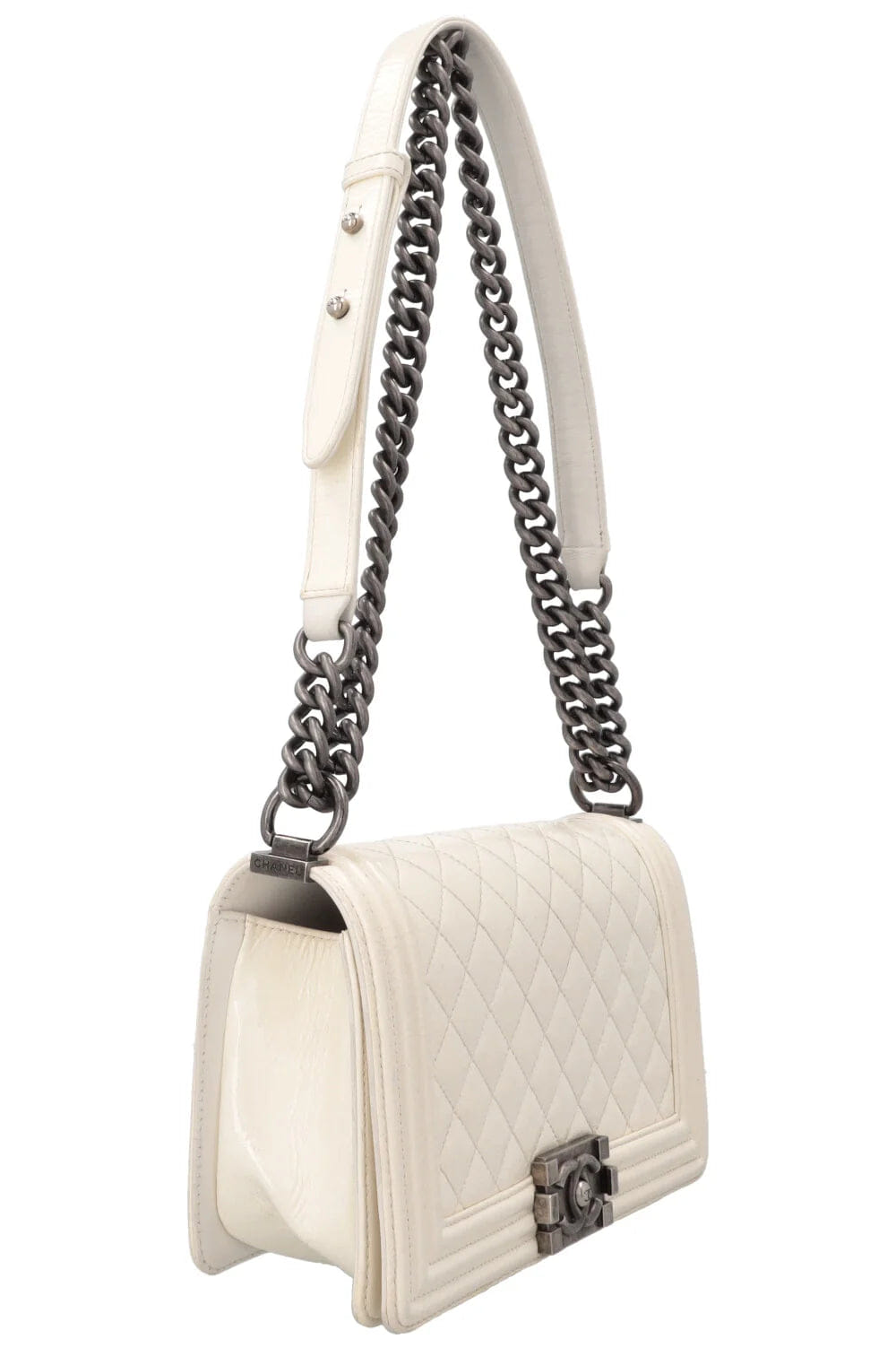 Chanel Medium White Patent Leather Boy Shoulder Bag
