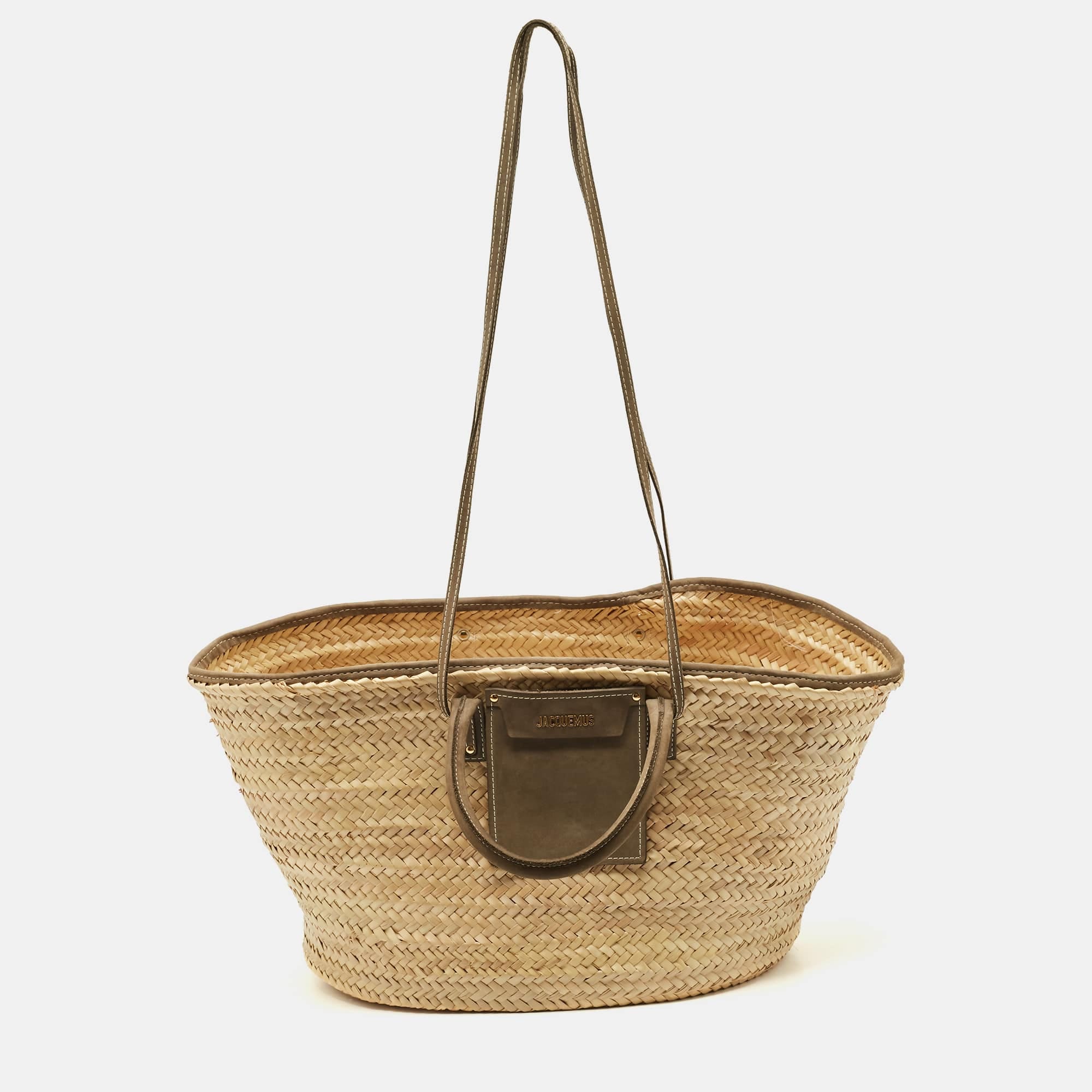 Jacquemus Green/cream Woven Raffia And Nubuck Leather Le Panier Soleil Tote