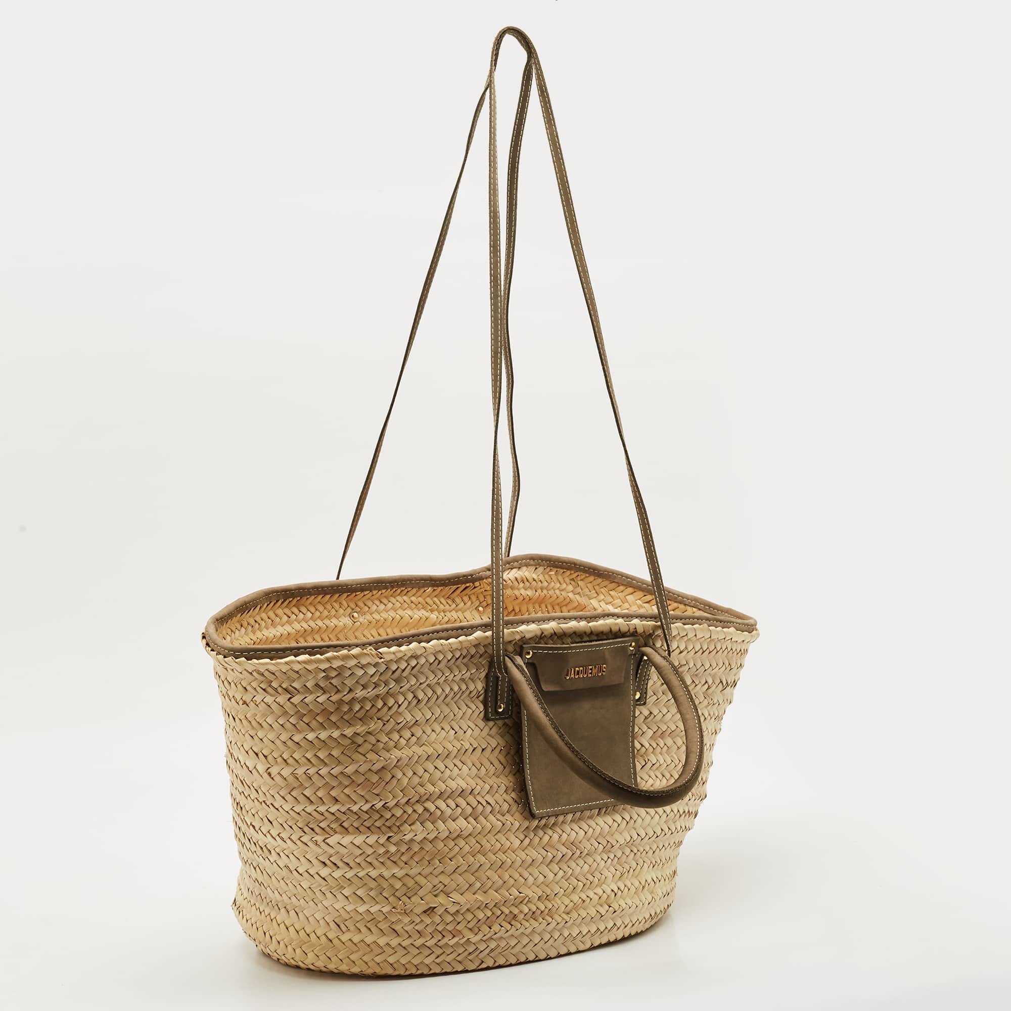 Jacquemus Green/cream Woven Raffia And Nubuck Leather Le Panier Soleil Tote