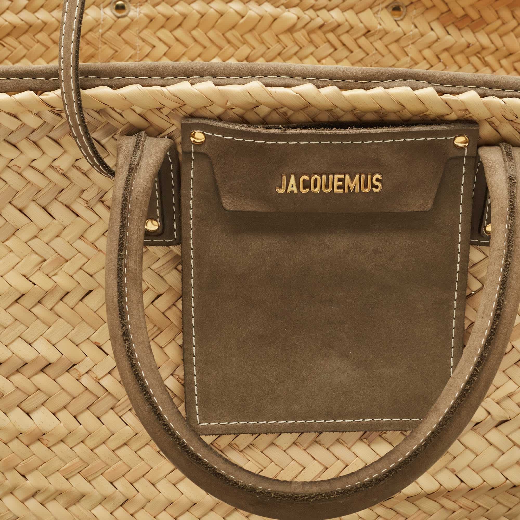 Jacquemus Green/cream Woven Raffia And Nubuck Leather Le Panier Soleil Tote