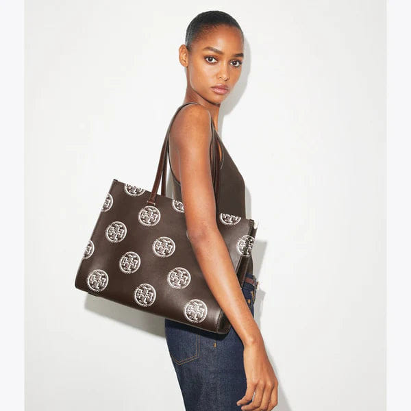 Tory Burch T Monogram Contrast Embossed Tote Chocolate