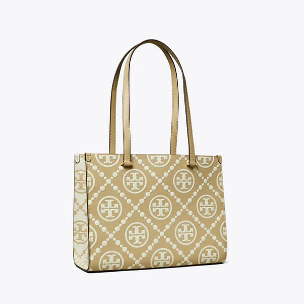 Tory Burch T Monogram Contrast Embossed Small Tote Beige