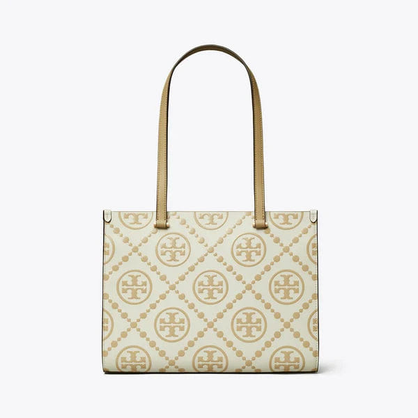 Tory Burch T Monogram Contrast Embossed Small Tote Beige