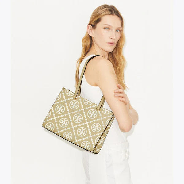 Tory Burch T Monogram Contrast Embossed Small Tote Beige
