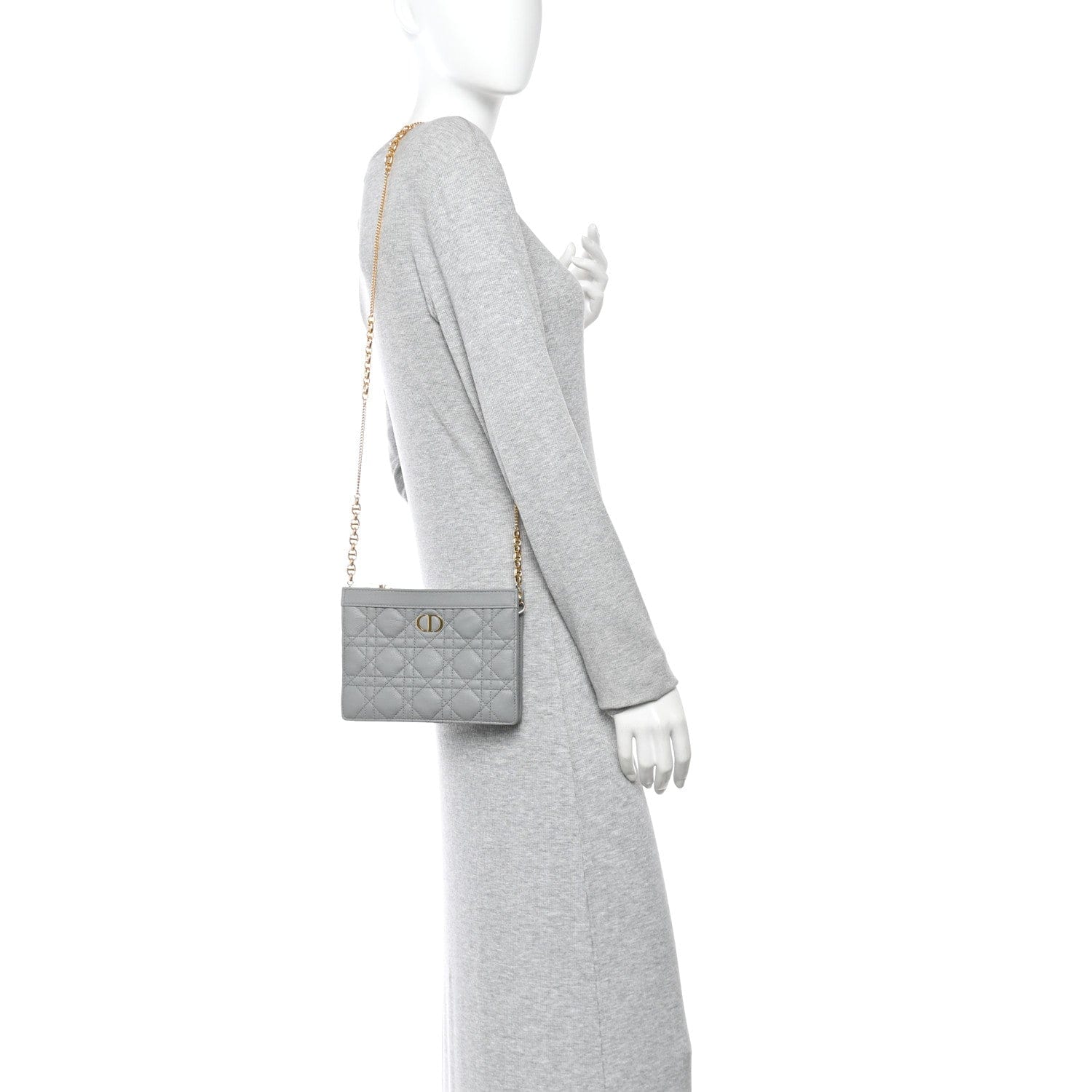 Christian Dior Calfskin Cannage Caro Zipped Pouch With Chain Grey