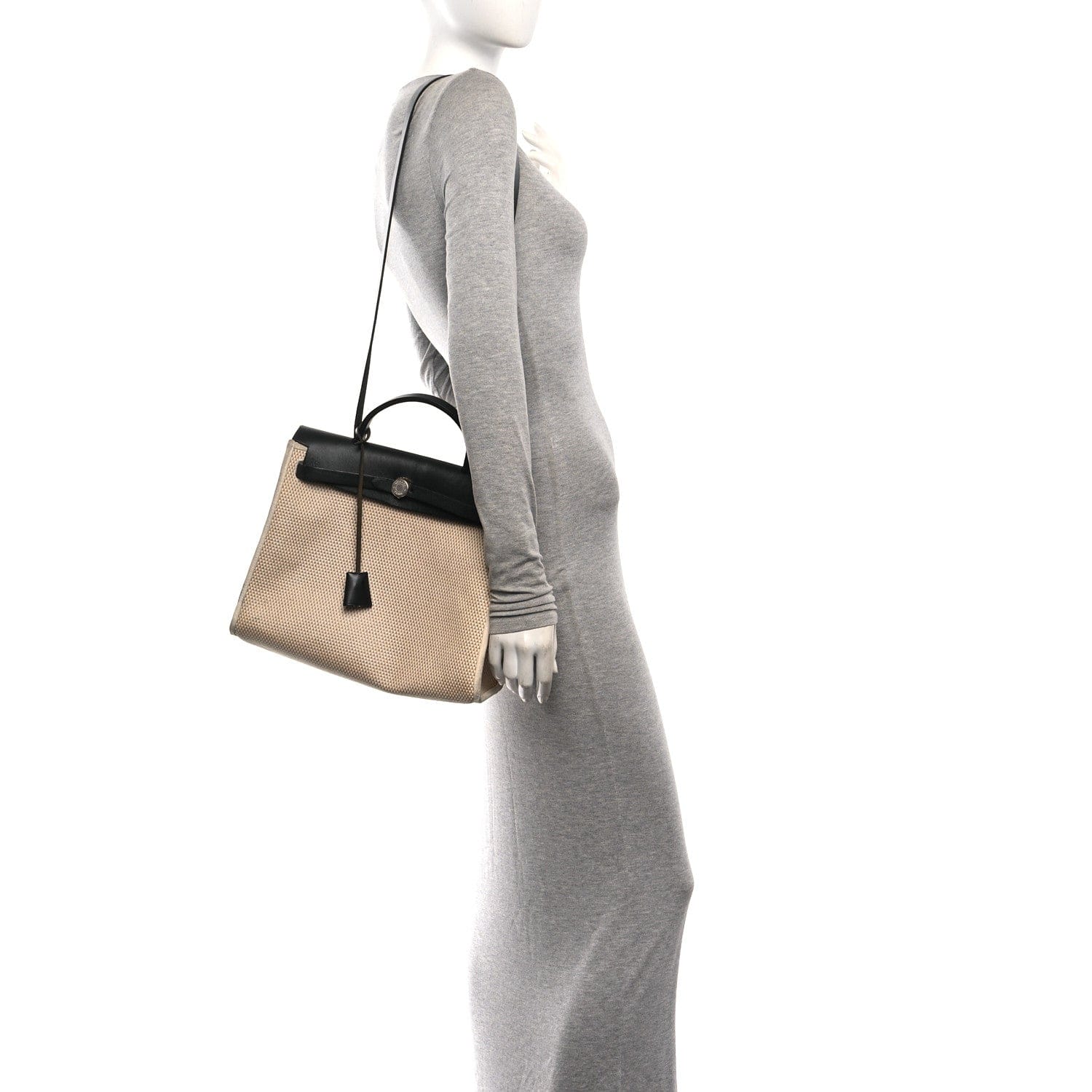 Hermes Toile GM Vache Calfskin Herbag 30 PM Natural Black Natural Black